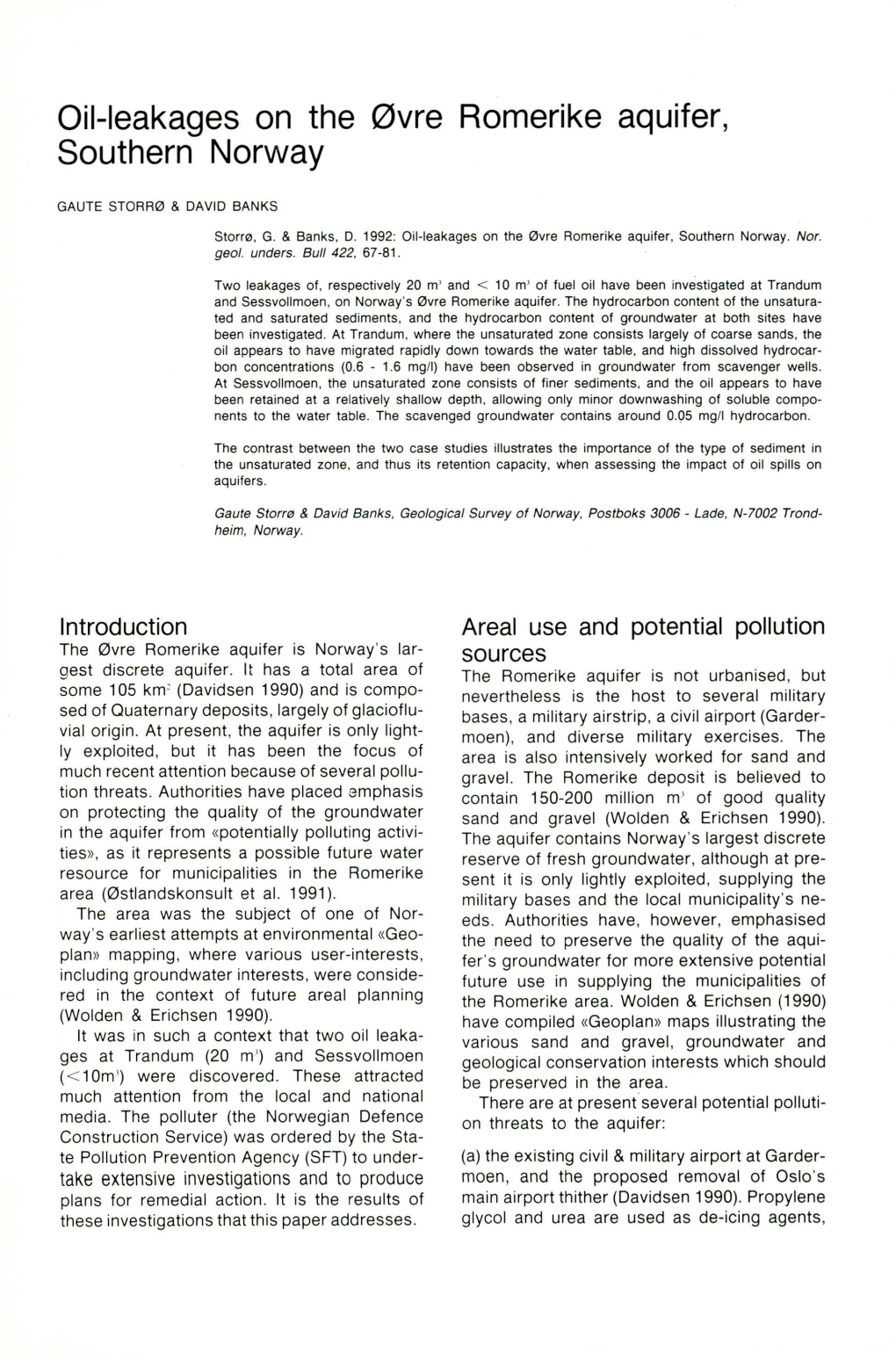 Oil-Leakages on the 0Vre Romerike Aquifer, Southern Norway