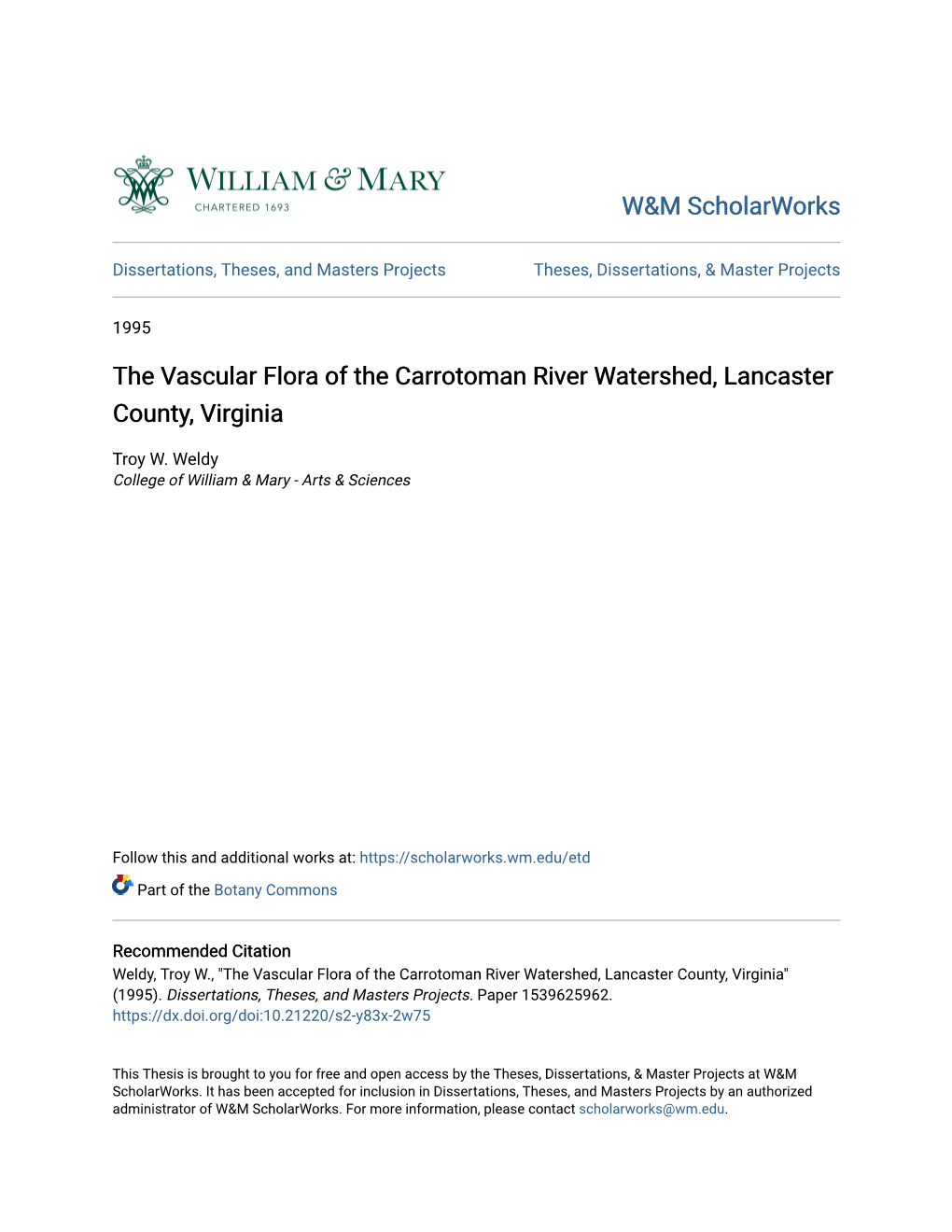 The Vascular Flora of the Carrotoman River Watershed, Lancaster County, Virginia