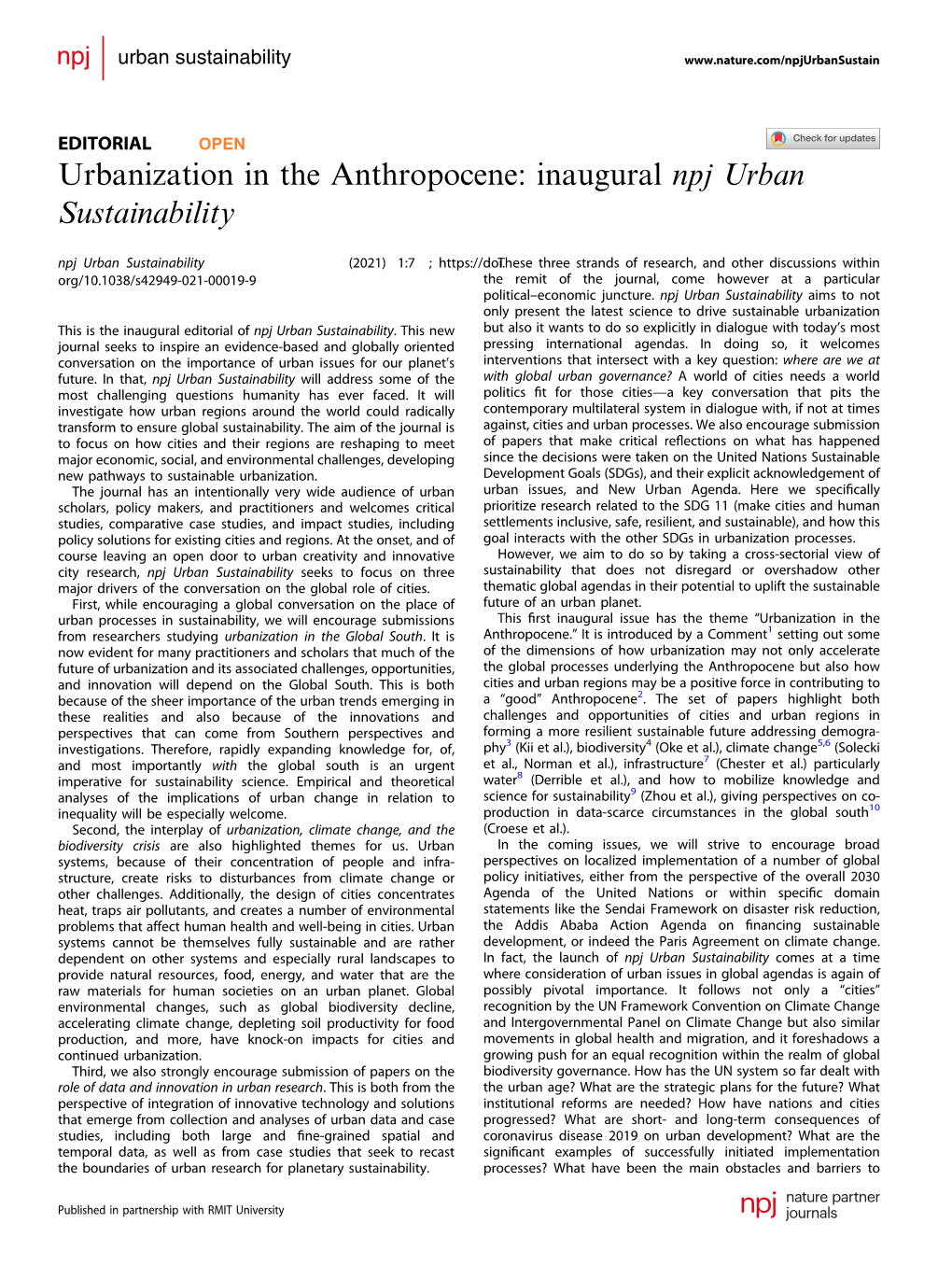 Urbanization in the Anthropocene: Inaugural Npj Urban Sustainability