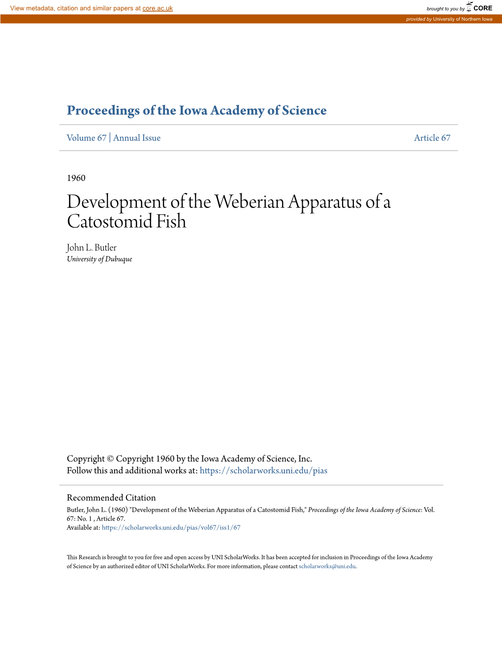 Development of the Weberian Apparatus of a Catostomid Fish John L