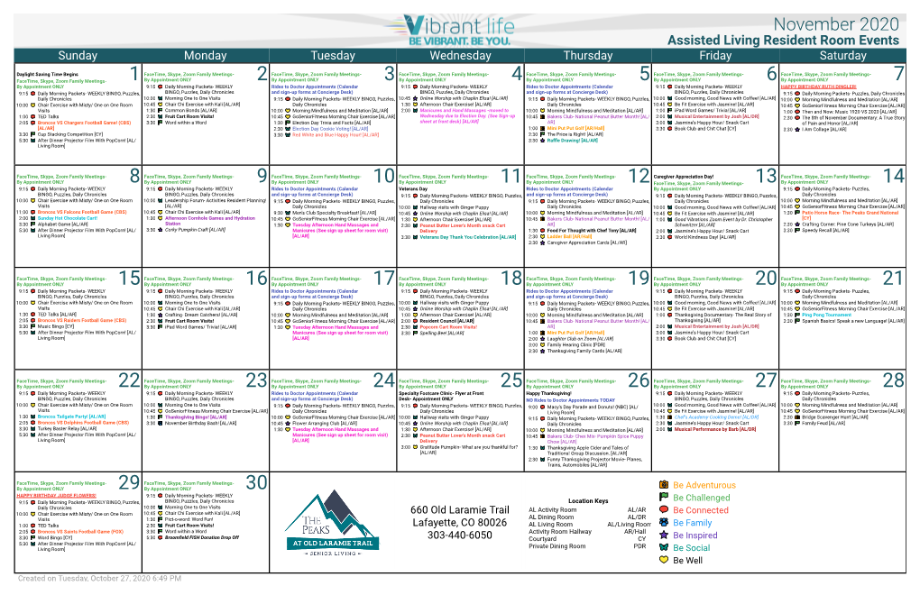 November 2020 Assisted Living Resident Room Events Sunday Monday Tuesday Wednesday Thursday Friday Saturday