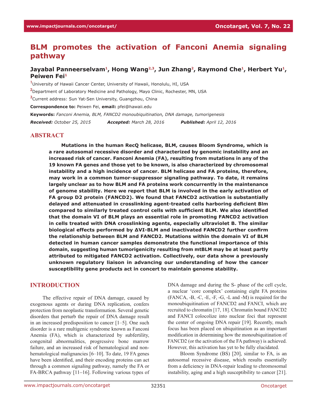 BLM Promotes the Activation of Fanconi Anemia Signaling Pathway