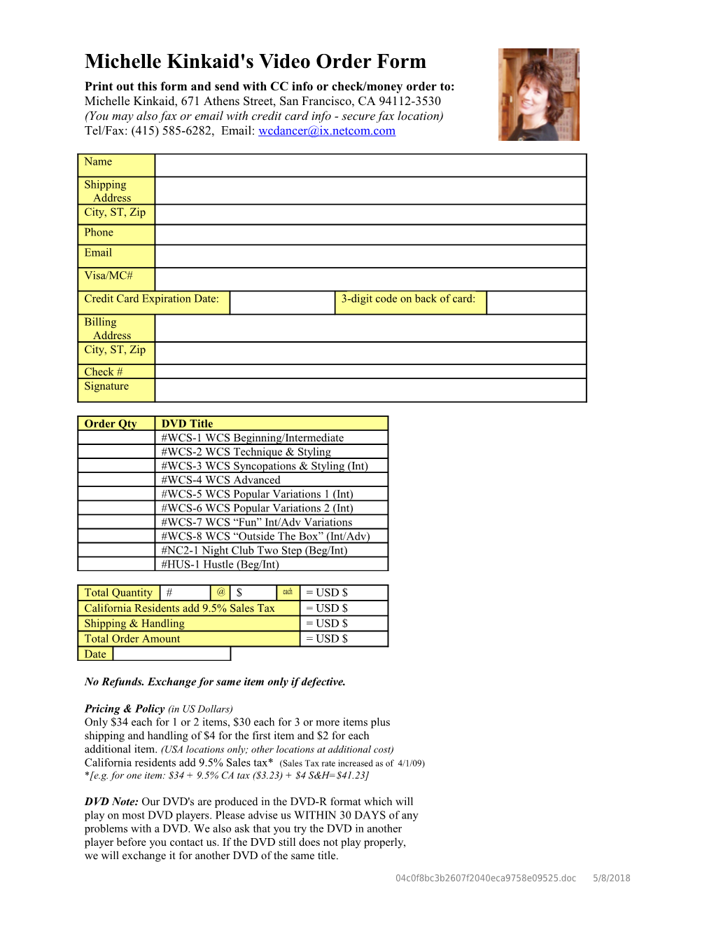 Michelle's Video Order Form