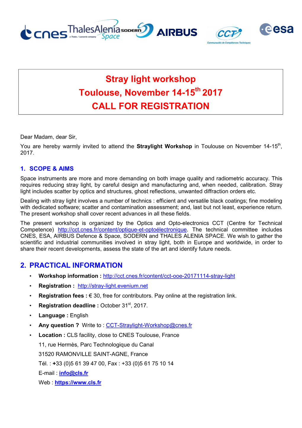 CCT Straylight Workshop 2017 Call for Registration Rev2