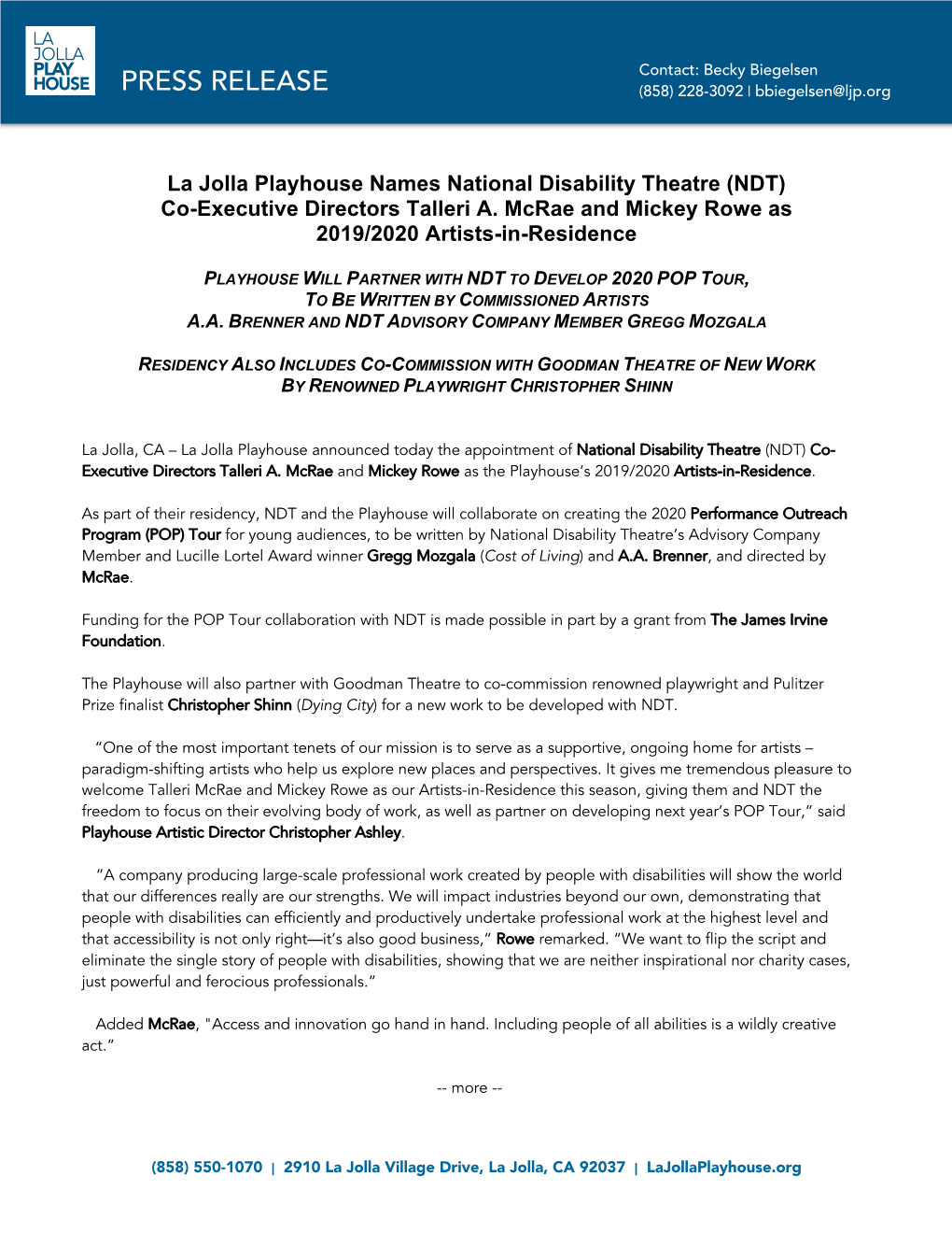 La Jolla Playhouse Names National Disability Theatre (NDT) Co-Executive Directors Talleri A