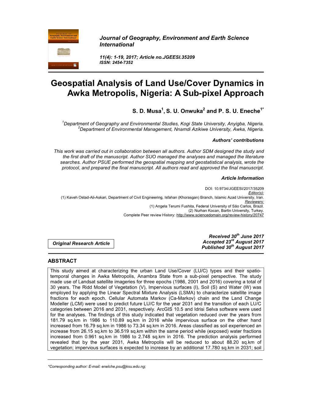 Geospatial Analysis of Land Use/Cover Dynamics in Awka Metropolis, Nigeria: a Sub-Pixel Approach