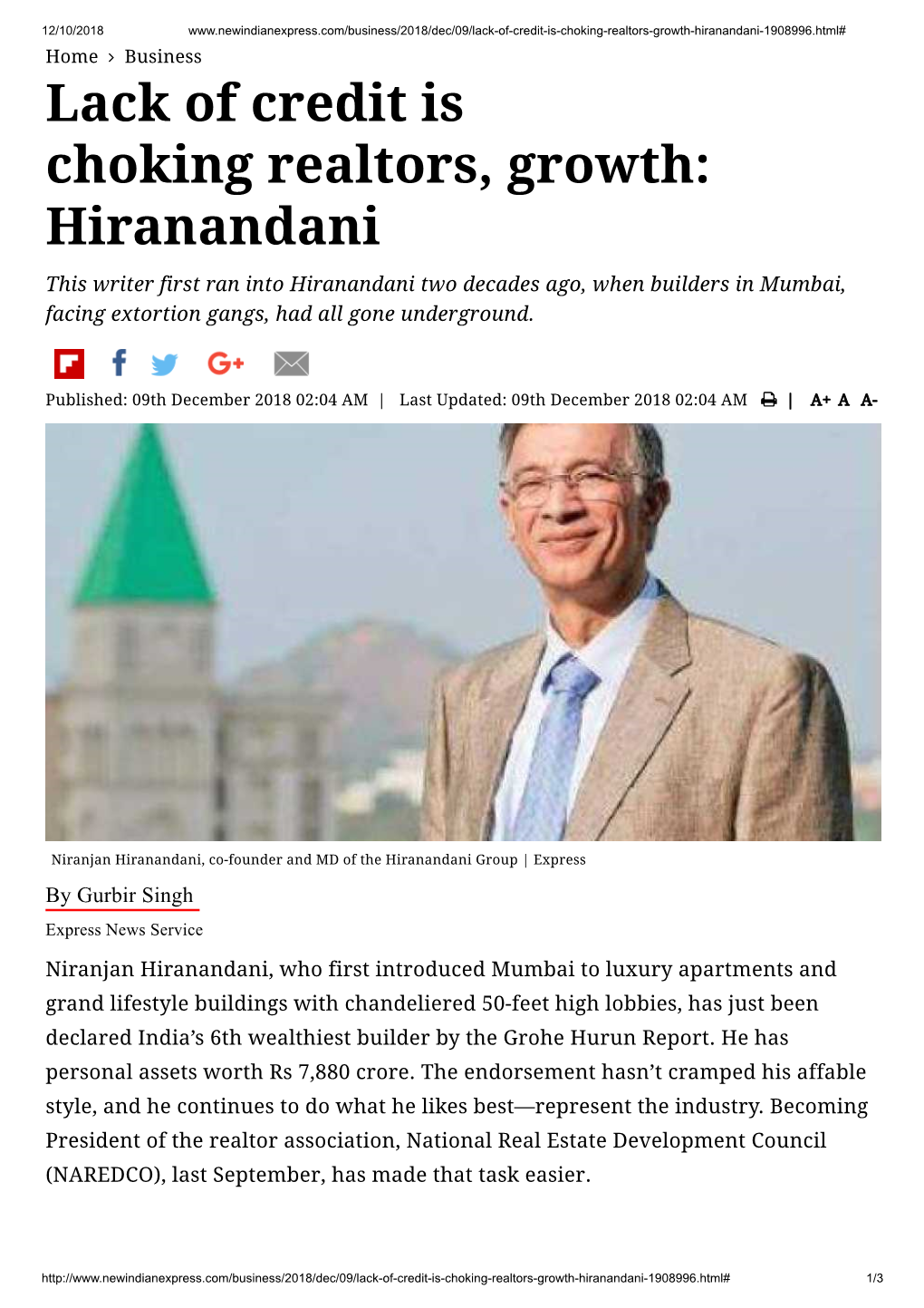 Lack of Credit Is Choking Realtors, Growth: Hiranandani