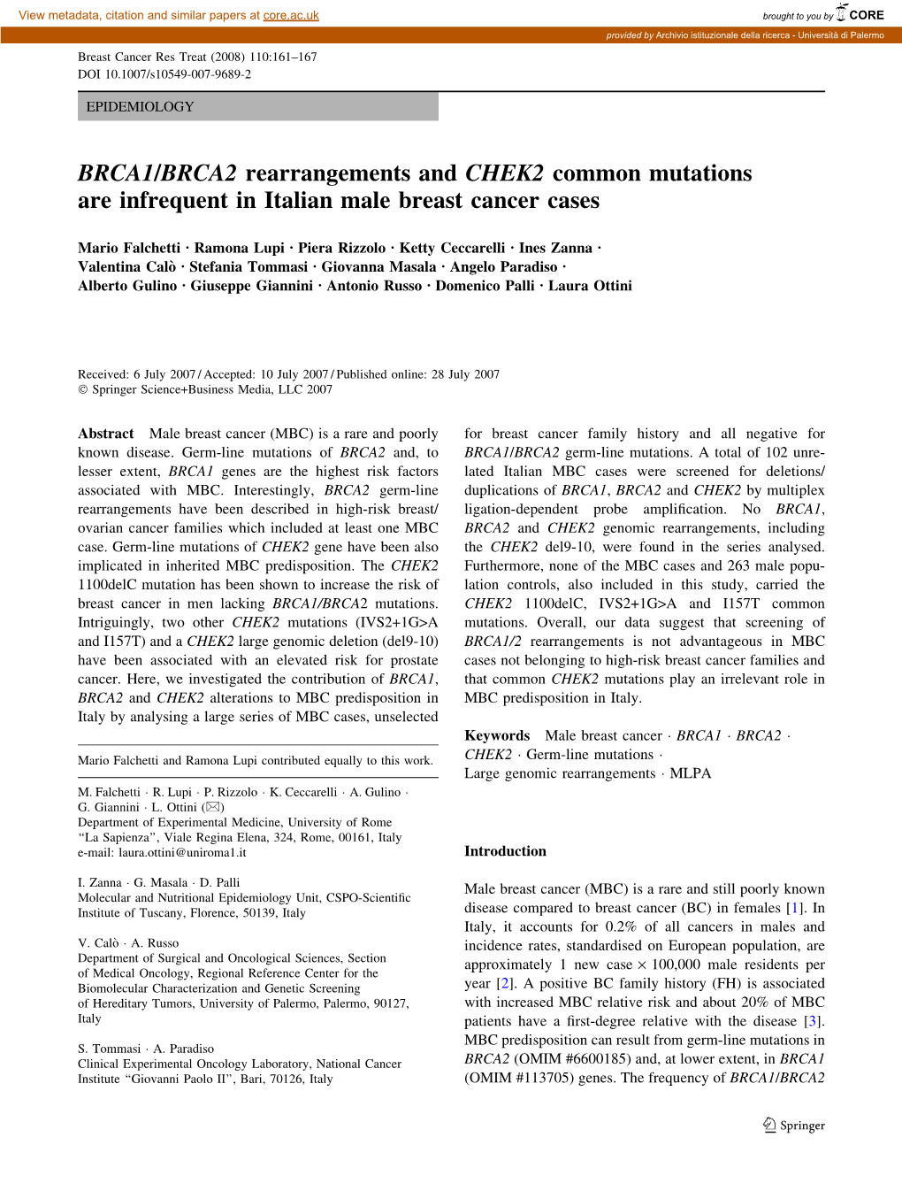 BRCA1/BRCA2 Rearrangements and CHEK2 Common Mutations Are Infrequent in Italian Male Breast Cancer Cases