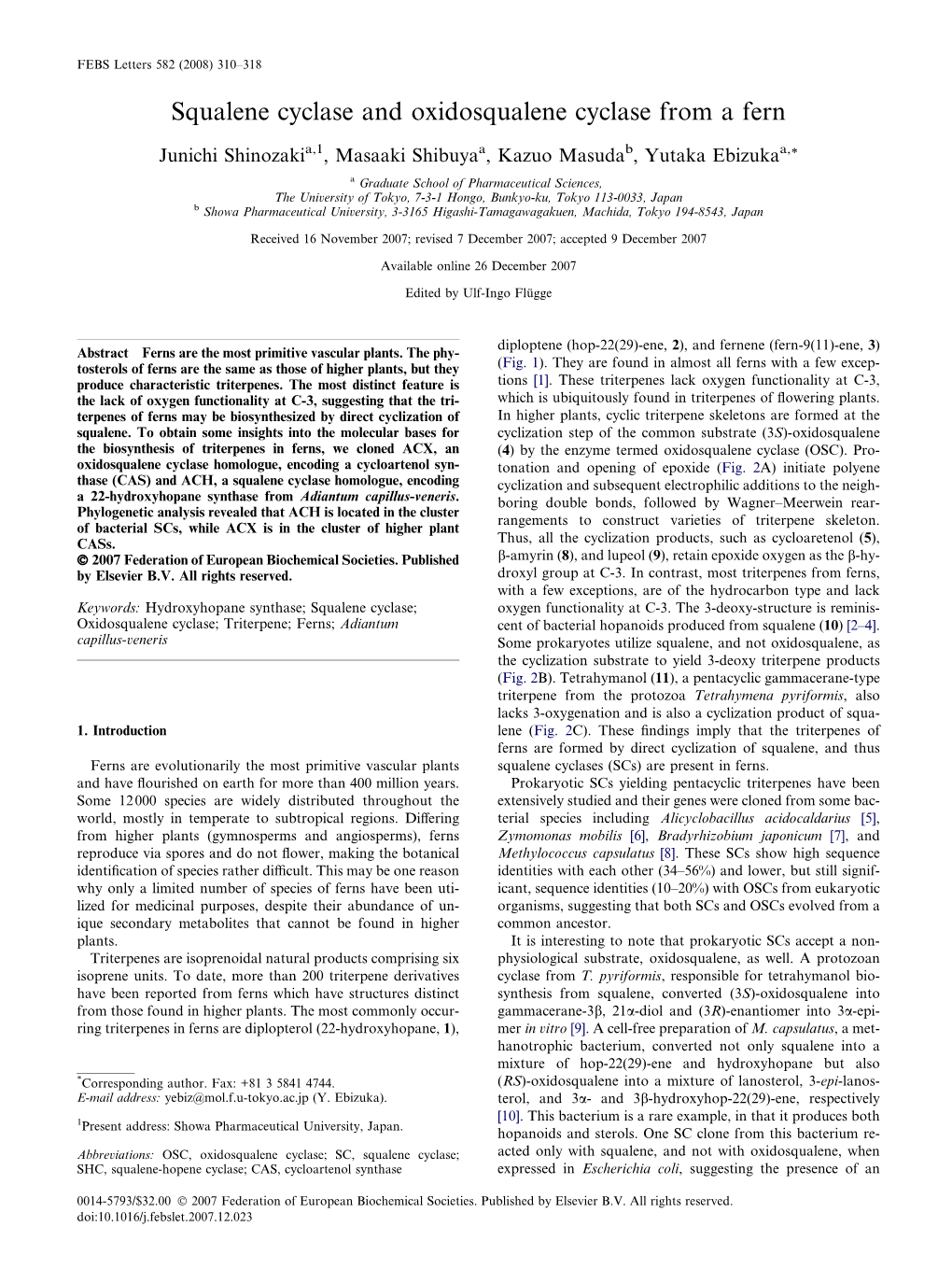 Squalene Cyclase and Oxidosqualene Cyclase from a Fern