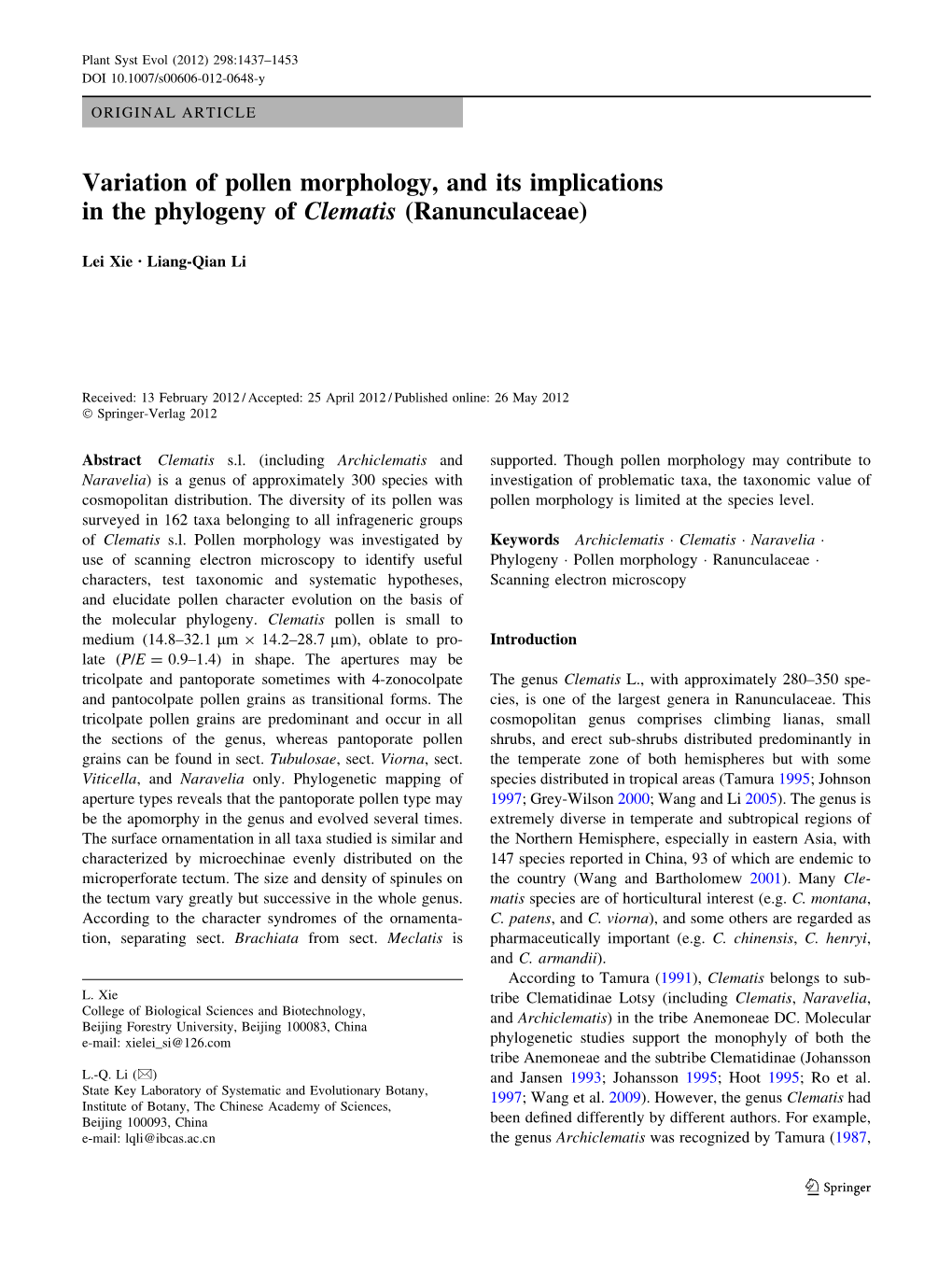 Variation of Pollen Morphology, and Its Implications in the Phylogeny of Clematis (Ranunculaceae)