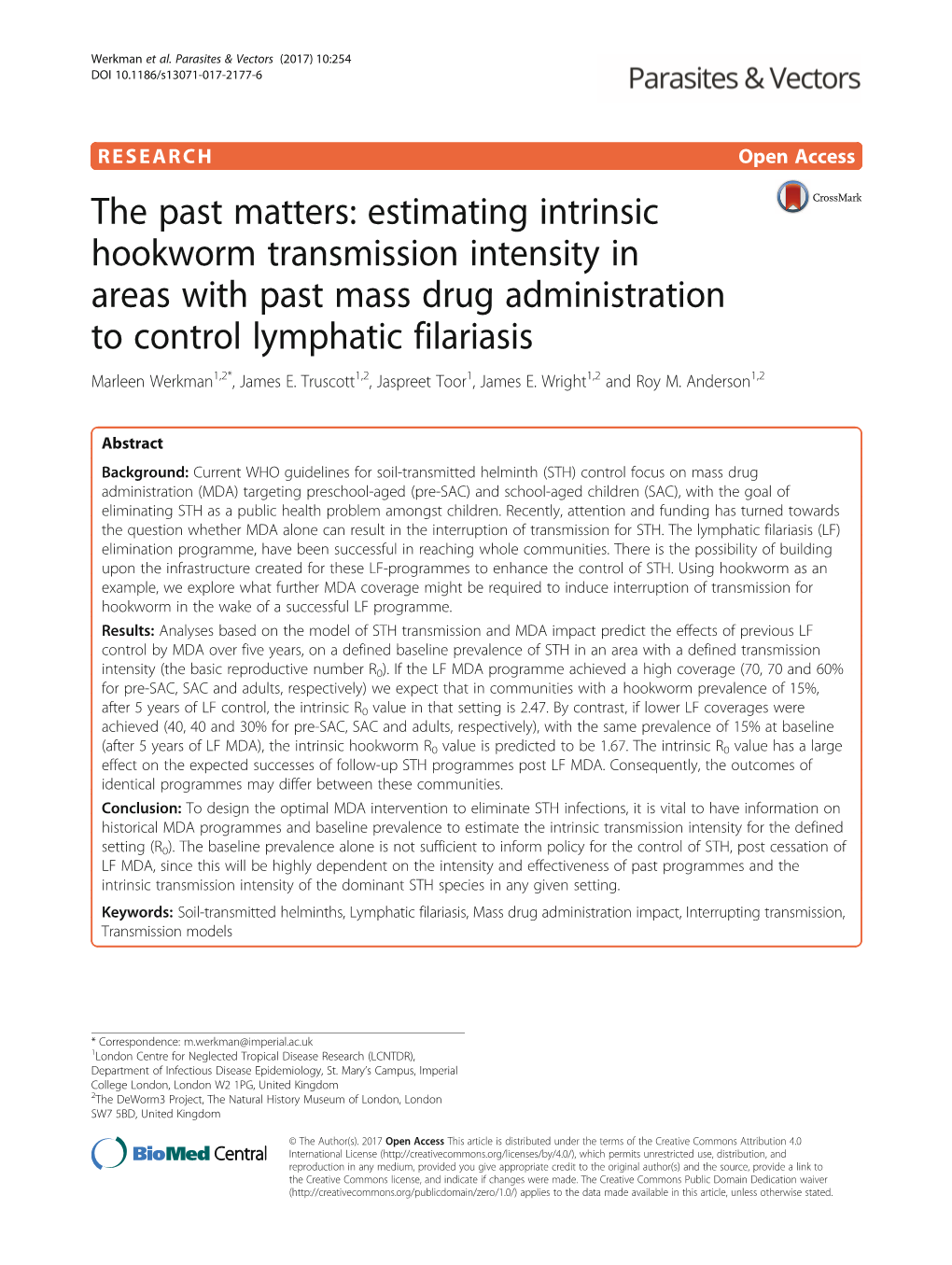 Estimating Intrinsic Hookworm Transmission Intensity in Areas with Past Mass Drug Administration to Control Lymphatic Filariasis Marleen Werkman1,2*, James E