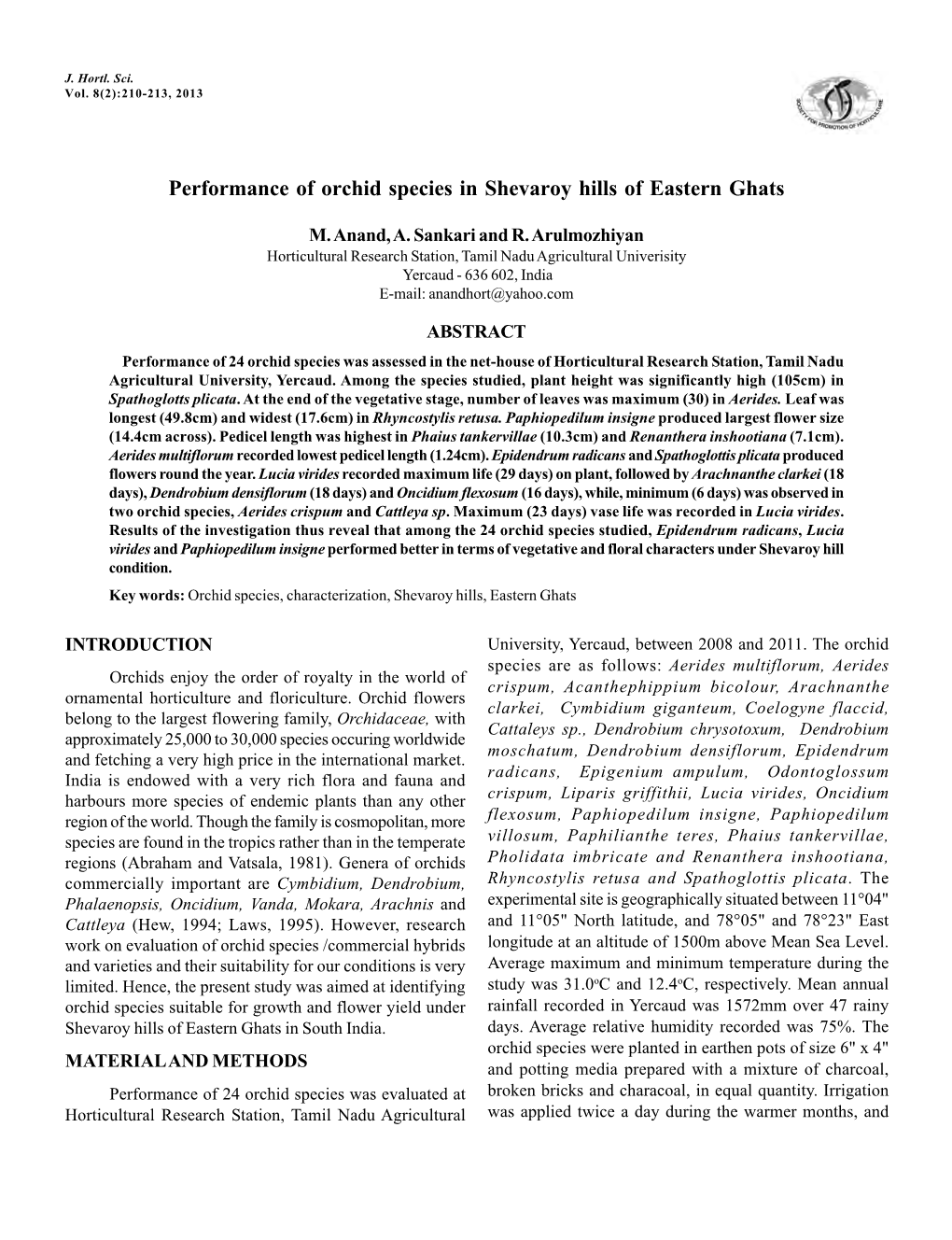 Performance of Orchid Species in Shevaroy Hills of Eastern Ghats