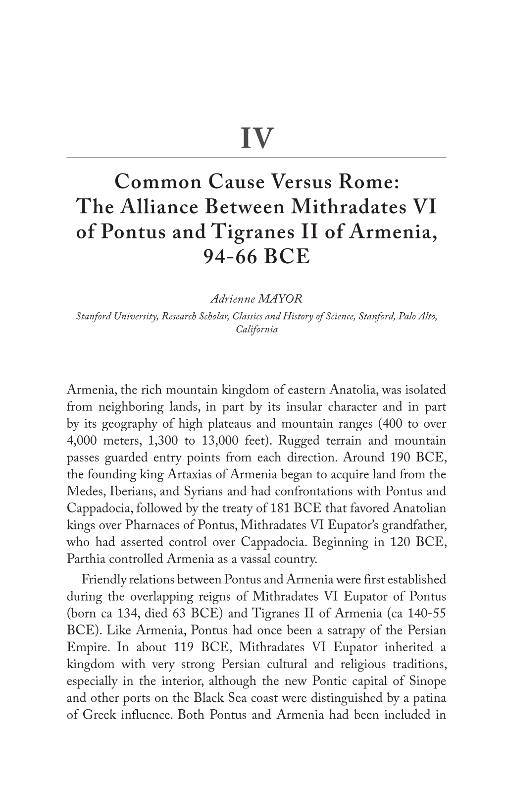 The Alliance Between Mithradates VI of Pontus and Tigranes II of Armenia, 94-66 BCE