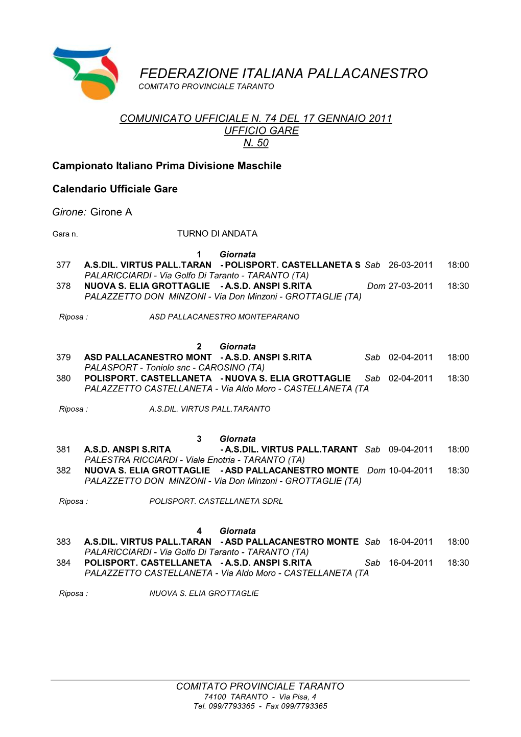 Federazione Italiana Pallacanestro Comitato Provinciale Taranto