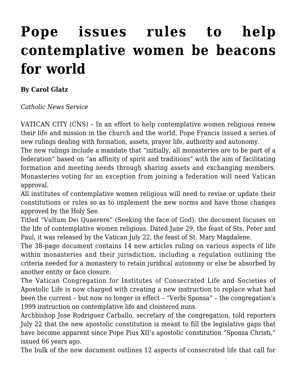 Pope Issues Rules to Help Contemplative Women Be Beacons for World