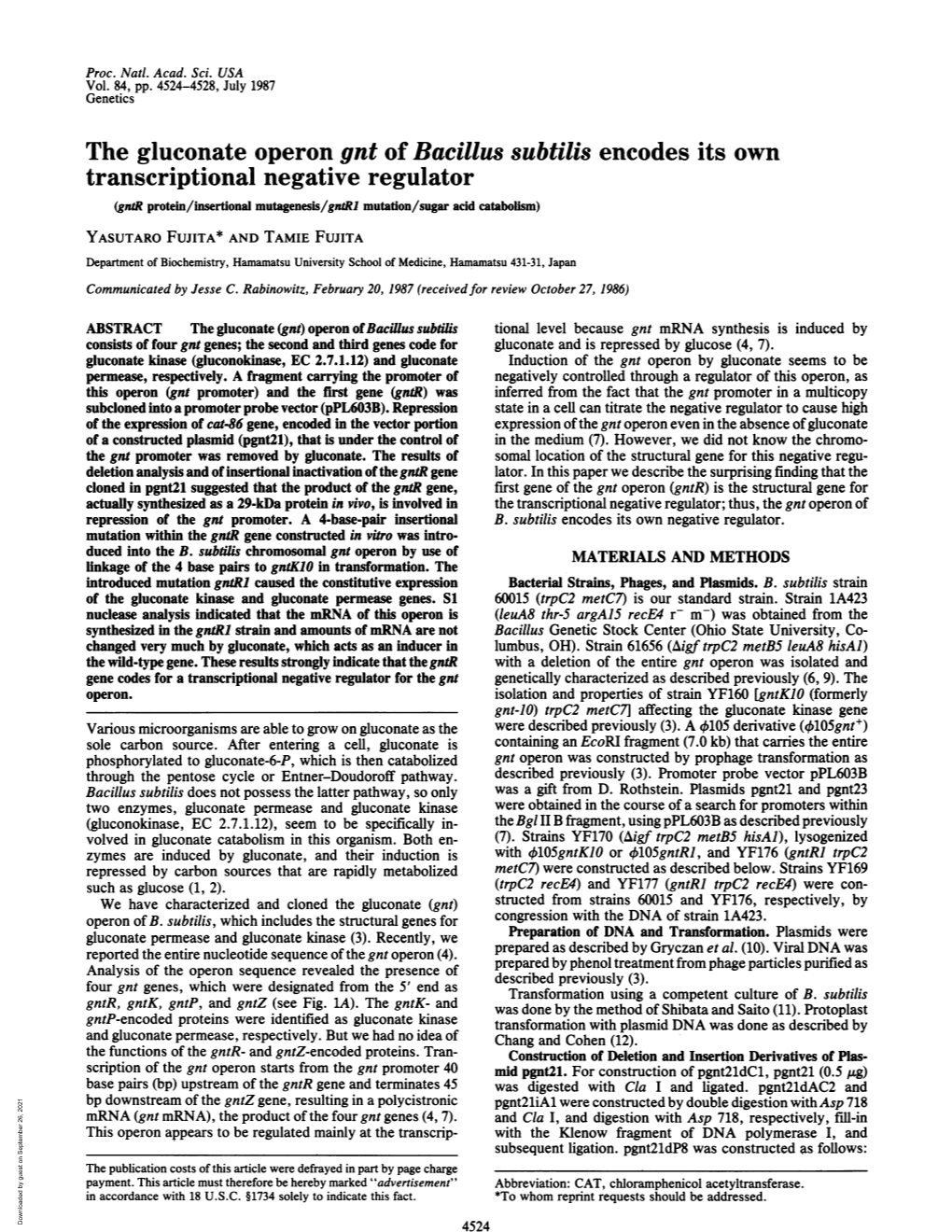 The Gluconate Operon Gnt of Bacillus Subtilis Encodes Its Own