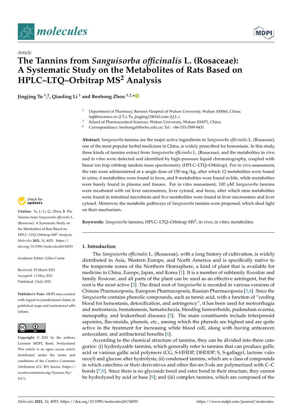 A Systematic Study on the Metabolites of Rats Based on HPLC–LTQ–Orbitrap MS2 Analysis