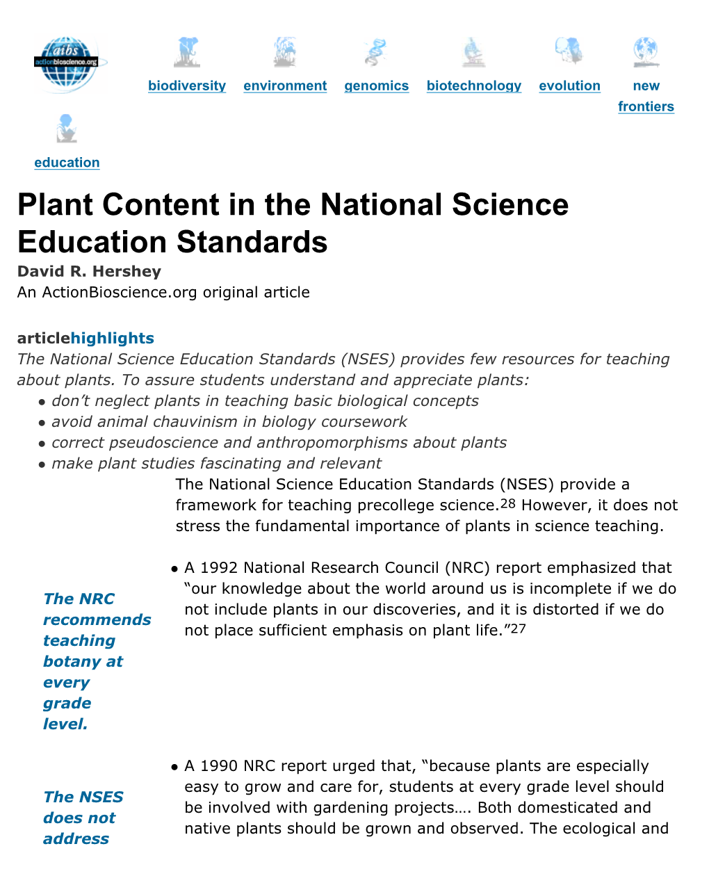 Plant Content in the National Science Education Standards (Actionbioscience) Page 1 of 16