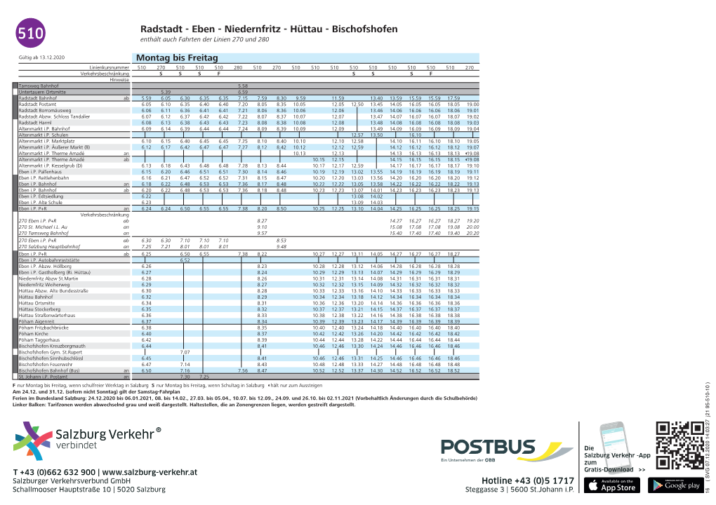 Radstadt - Eben - Niedernfritz - Hüttau - Bischofshofen 510 Enthält Auch Fahrten Der Linien 270 Und 280