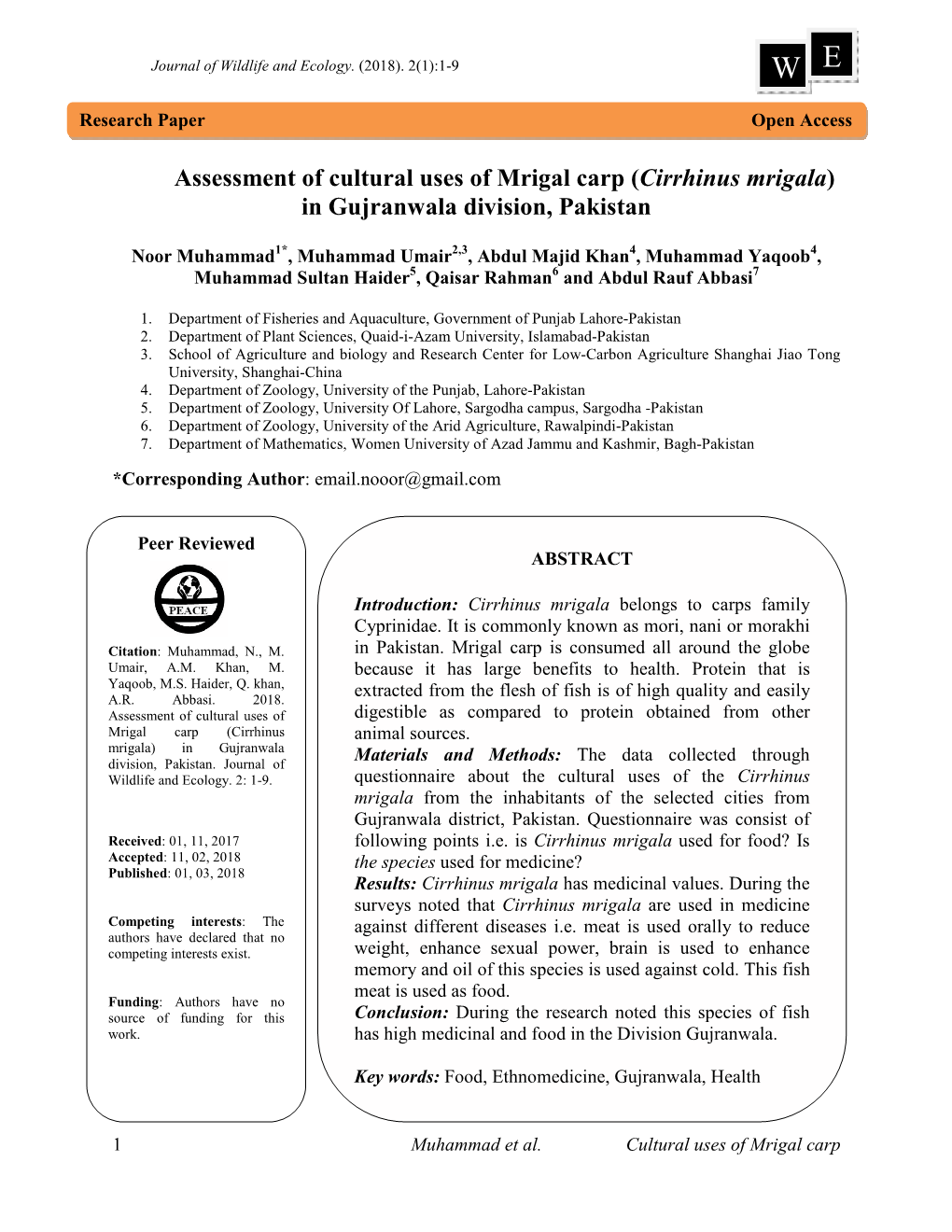 Assessment of Cultural Uses of Mrigal Carp (Cirrhinus Mrigala) in Gujranwala Division, Pakistan