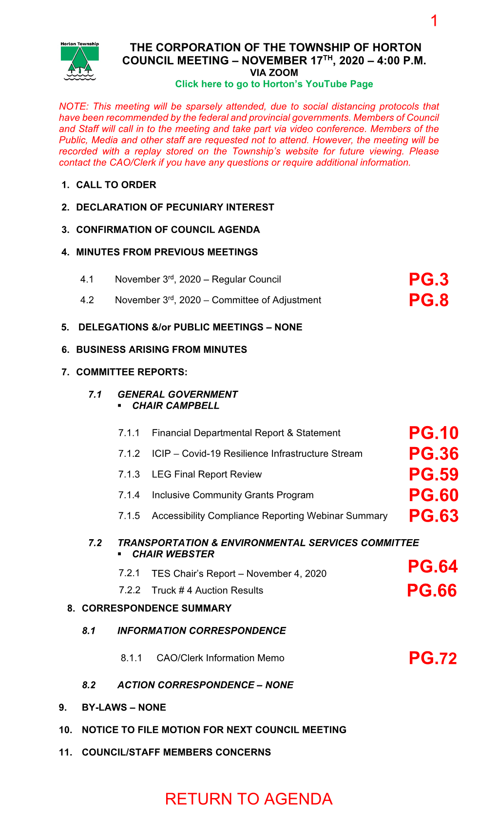 The Corporation of the Township of Horton Council Meeting – November 17Th, 2020 – 4:00 P.M