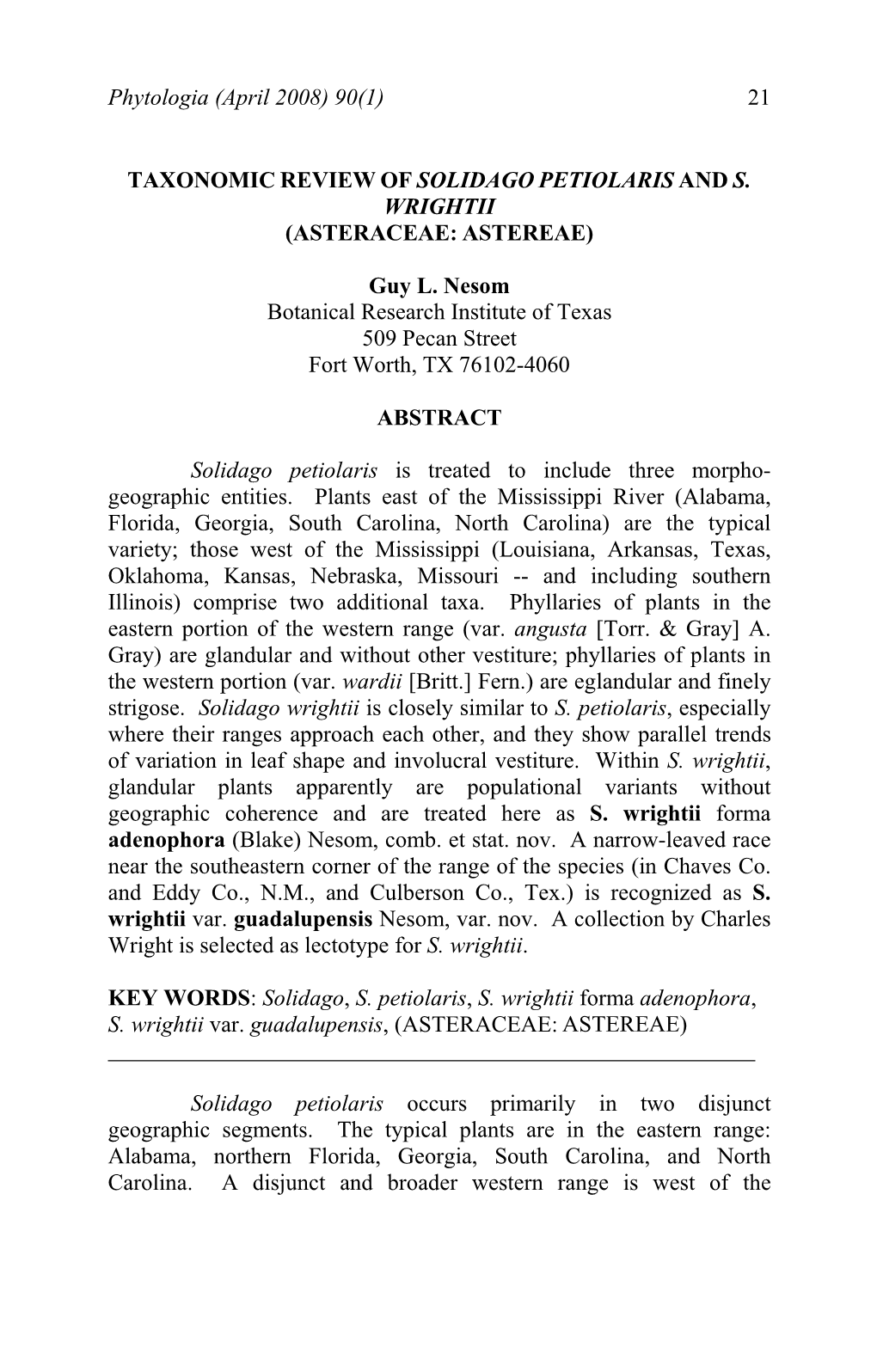 Taxonomic Review of Solidago Petiolaris and S. Wrightii (Asteraceae: Astereae)