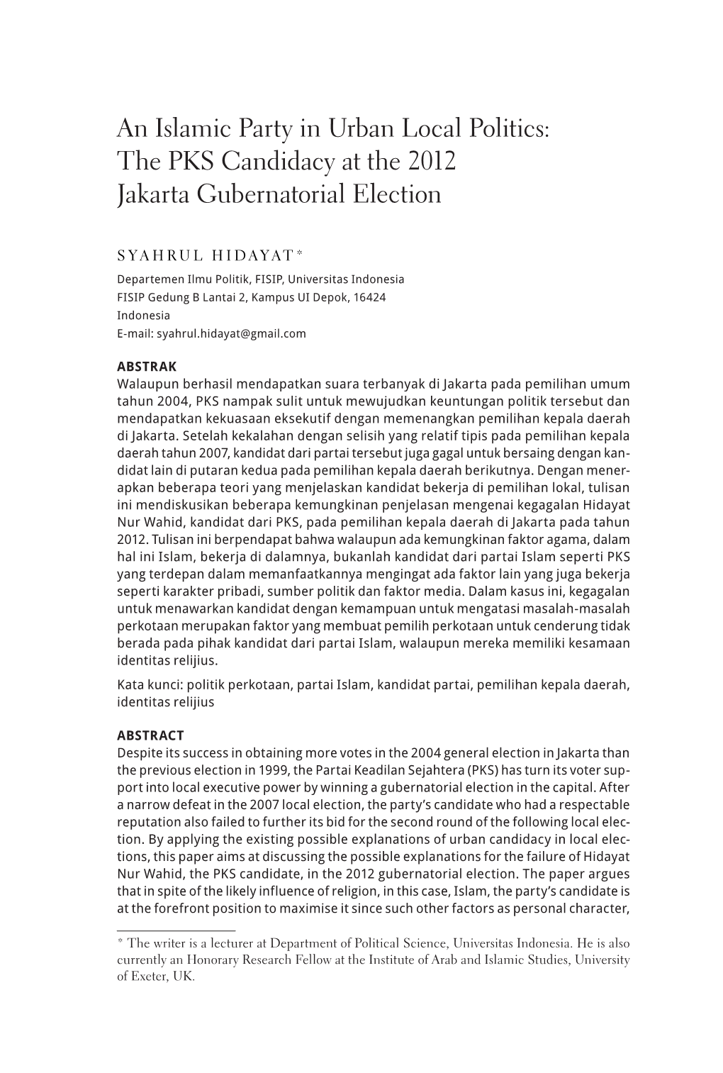 An Islamic Party in Urban Local Politics: the PKS Candidacy at the 2012 Jakarta Gubernatorial Election