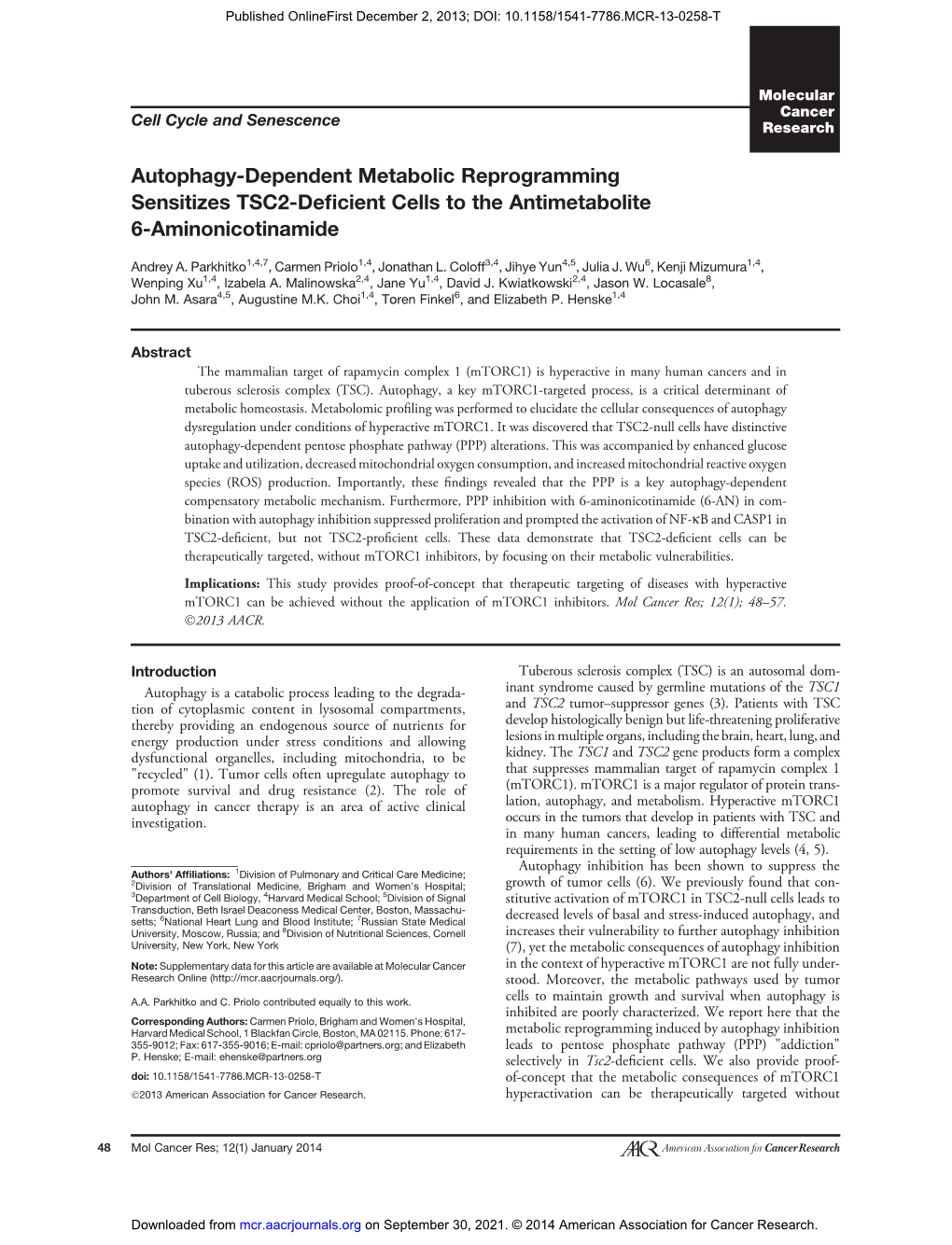 Autophagy-Dependent Metabolic Reprogramming Sensitizes TSC2-Deﬁcient Cells to the Antimetabolite 6-Aminonicotinamide