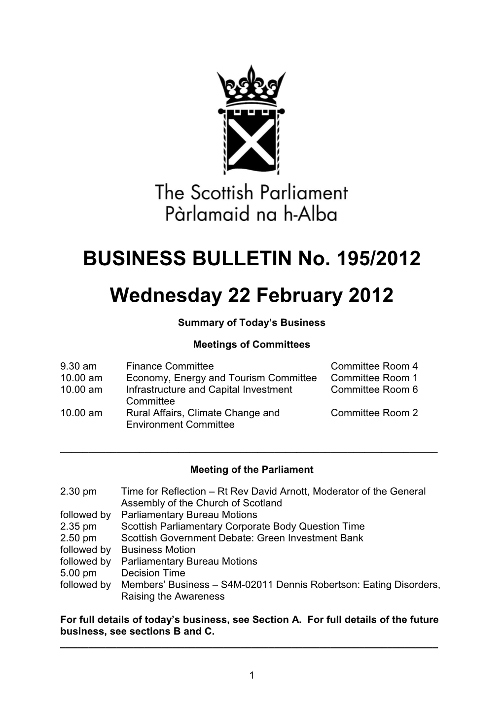 BUSINESS BULLETIN No. 195/2012 Wednesday 22 February 2012