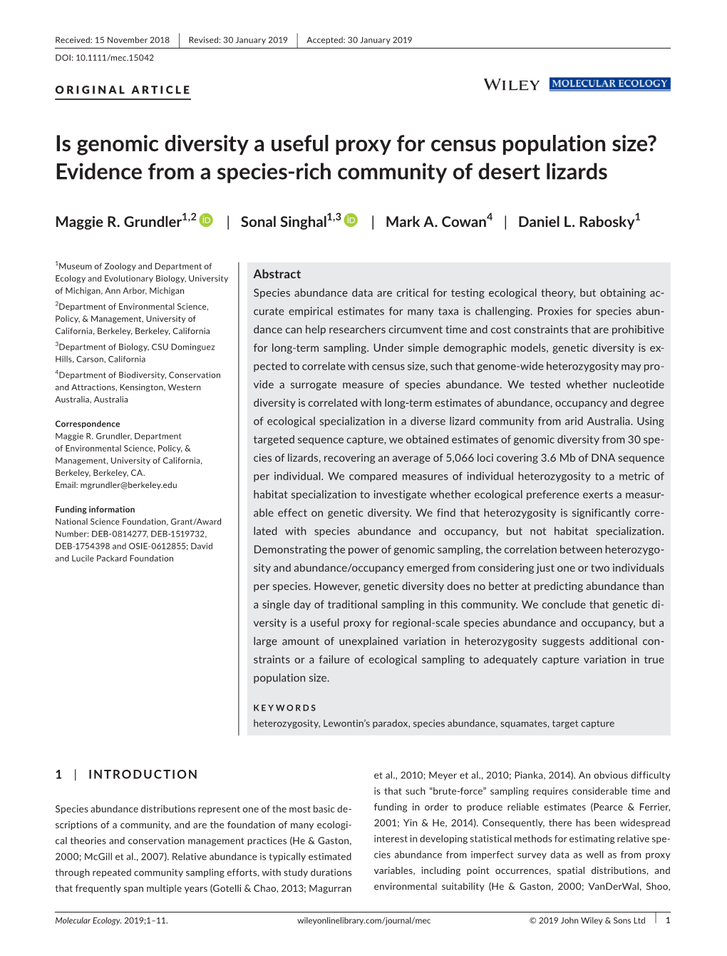 Is Genomic Diversity a Useful Proxy for Census Population Size? Evidence from a Species‐Rich Community of Desert Lizards