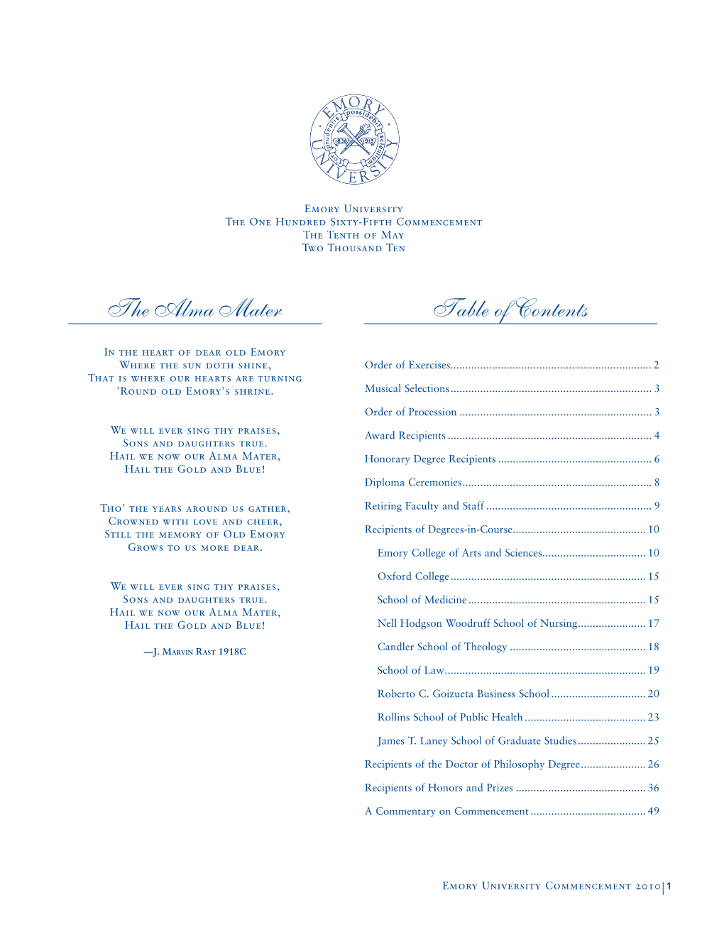 Table of Contents the Alma Mater