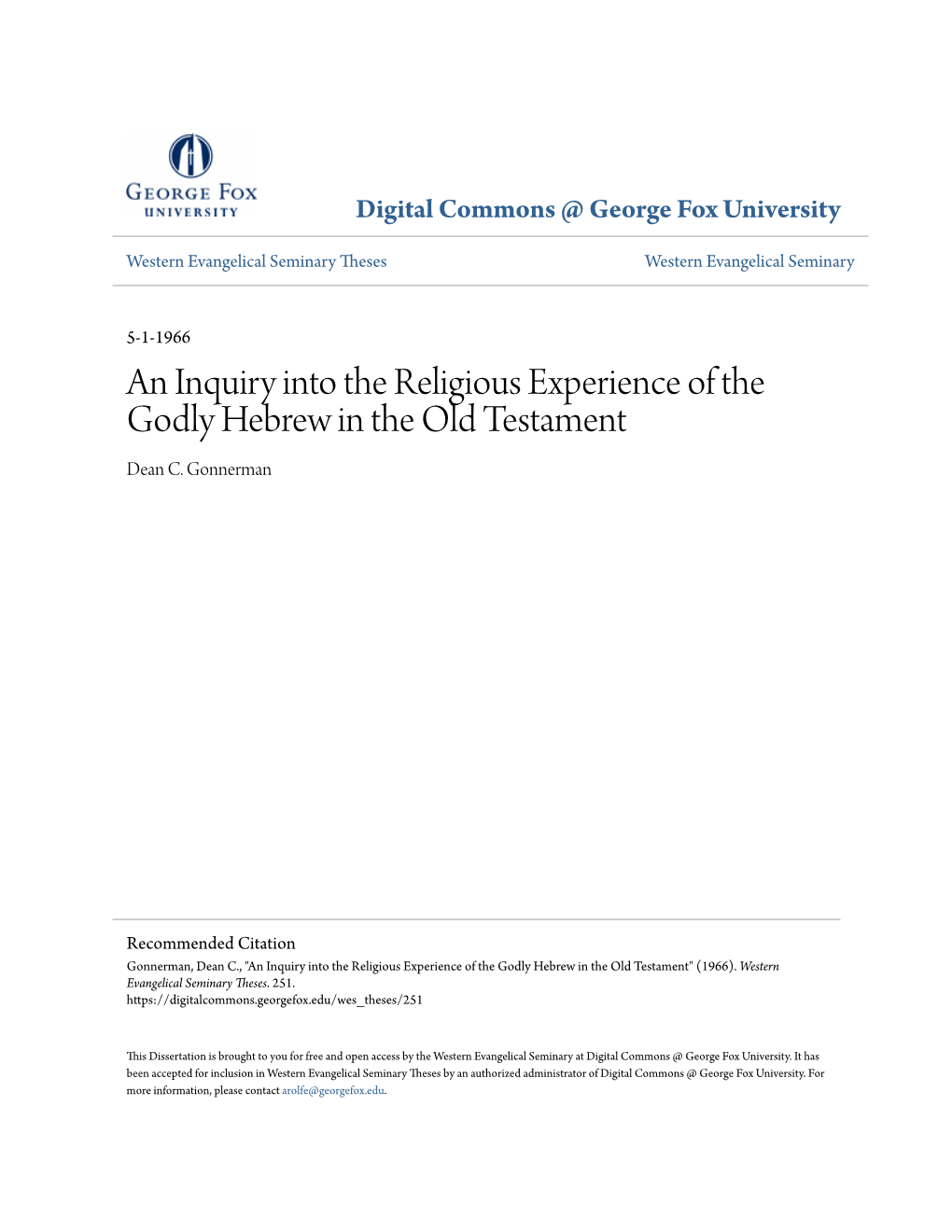 An Inquiry Into the Religious Experience of the Godly Hebrew in the Old Testament Dean C