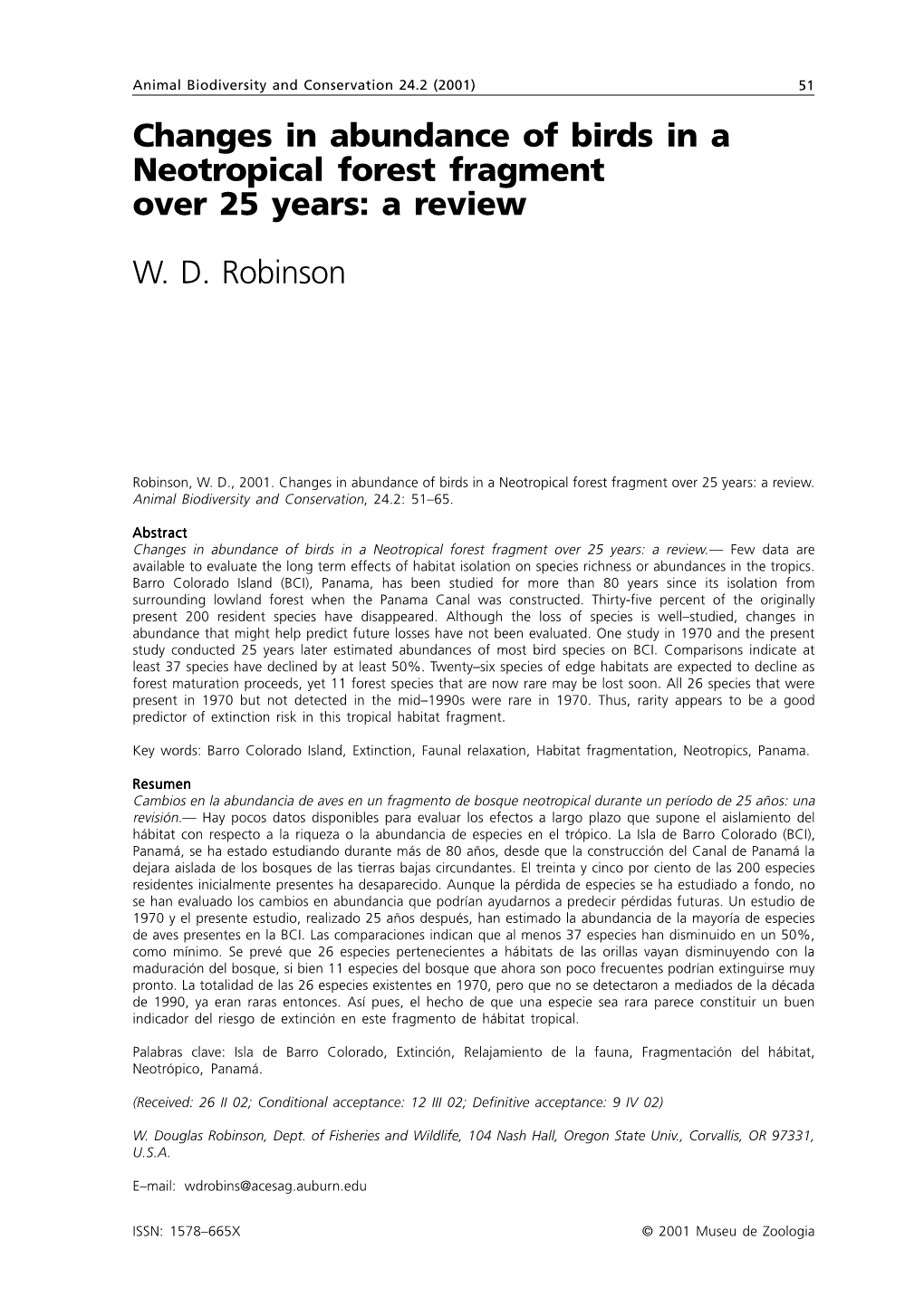 Changes in Abundance of Birds in a Neotropical Forest Fragment Over 25 Years: a Review