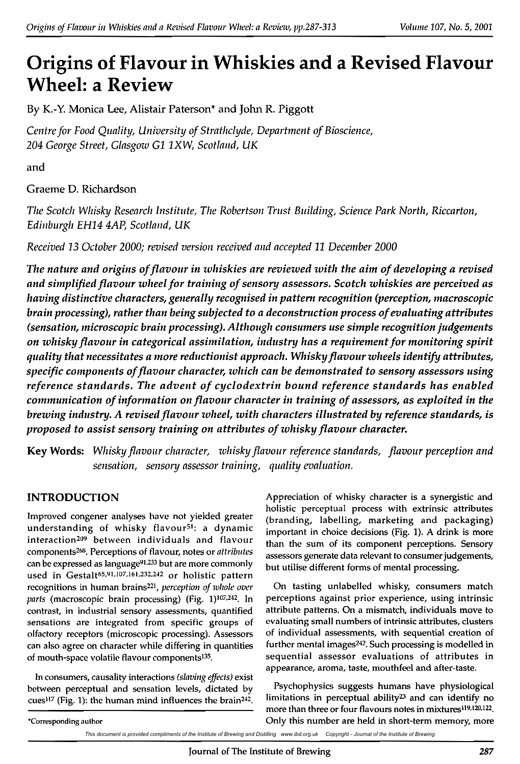 Origins of Flavour in Whiskies and a Revised Flavour Wheel: a Review, Pp.287-313 Volume 107, No