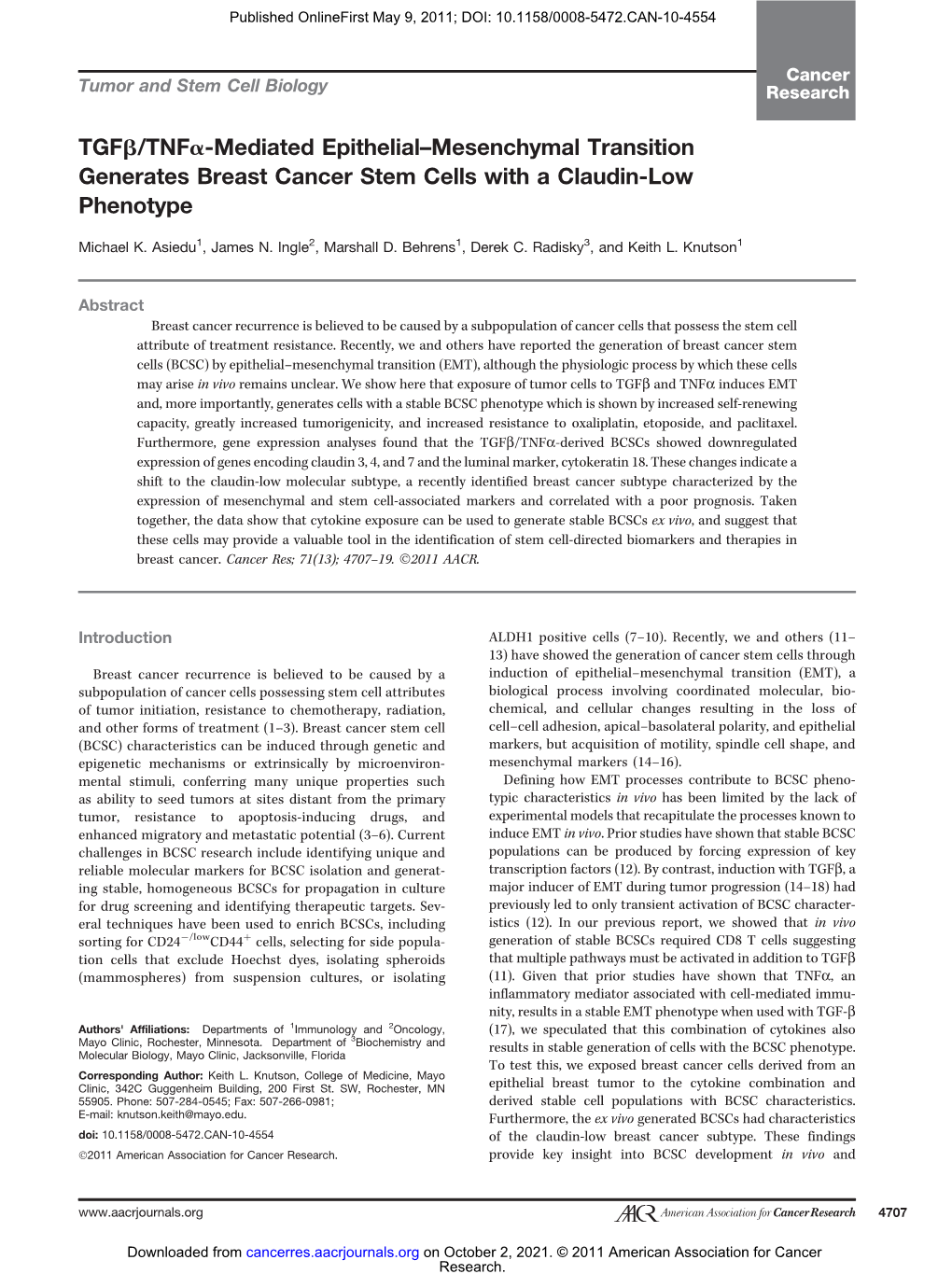 Tgfb/Tnfa-Mediated Epithelial–Mesenchymal Transition Generates Breast Cancer Stem Cells with a Claudin-Low Phenotype