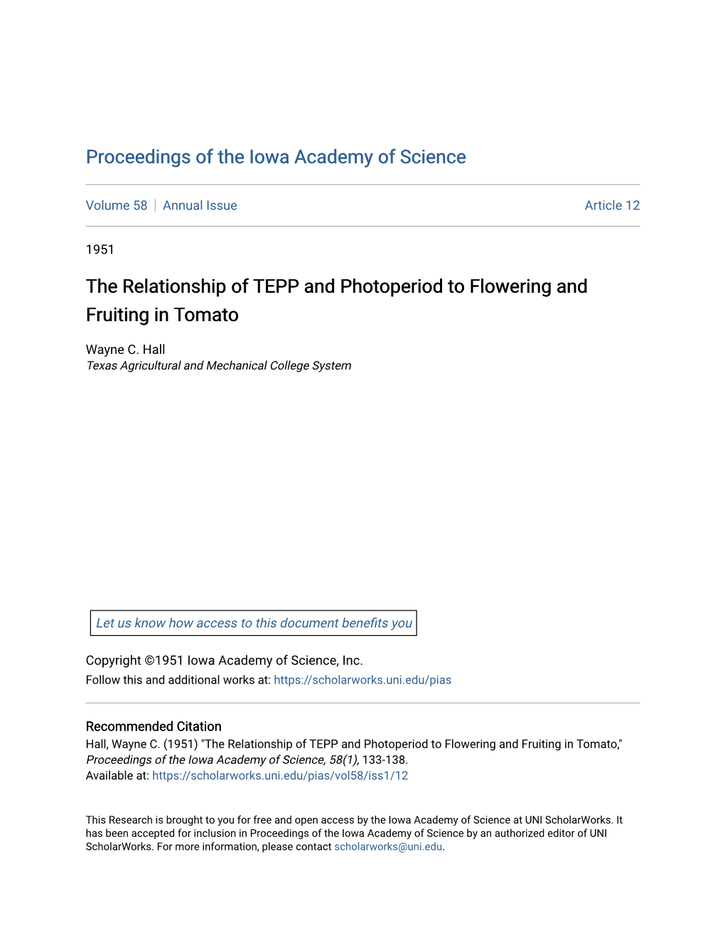 The Relationship of TEPP and Photoperiod to Flowering and Fruiting in Tomato