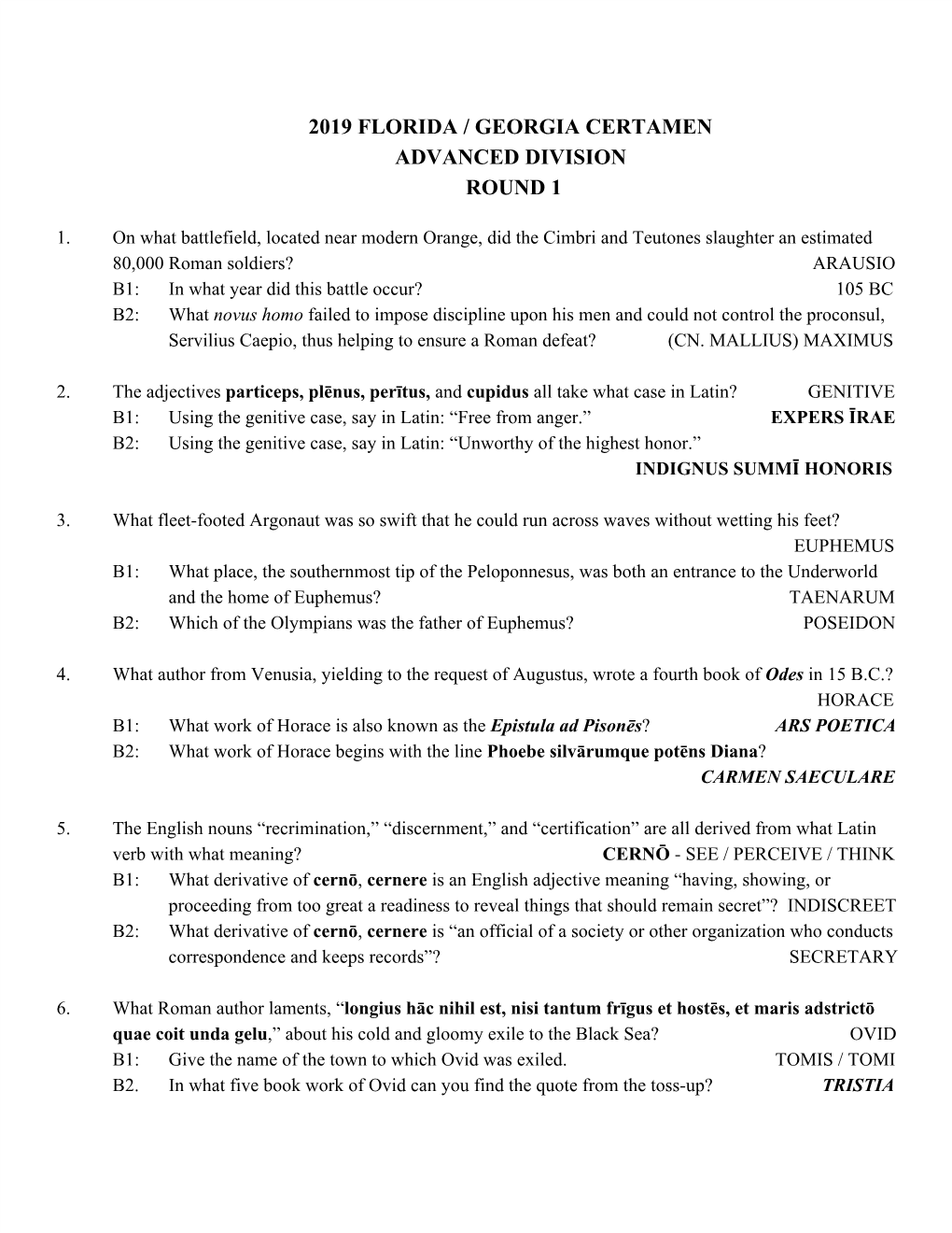 2019 Florida / Georgia Certamen Advanced Division Round 1