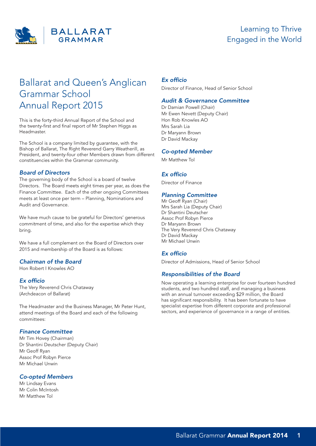 Ballarat and Queen's Anglican Grammar School Annual Report 2015