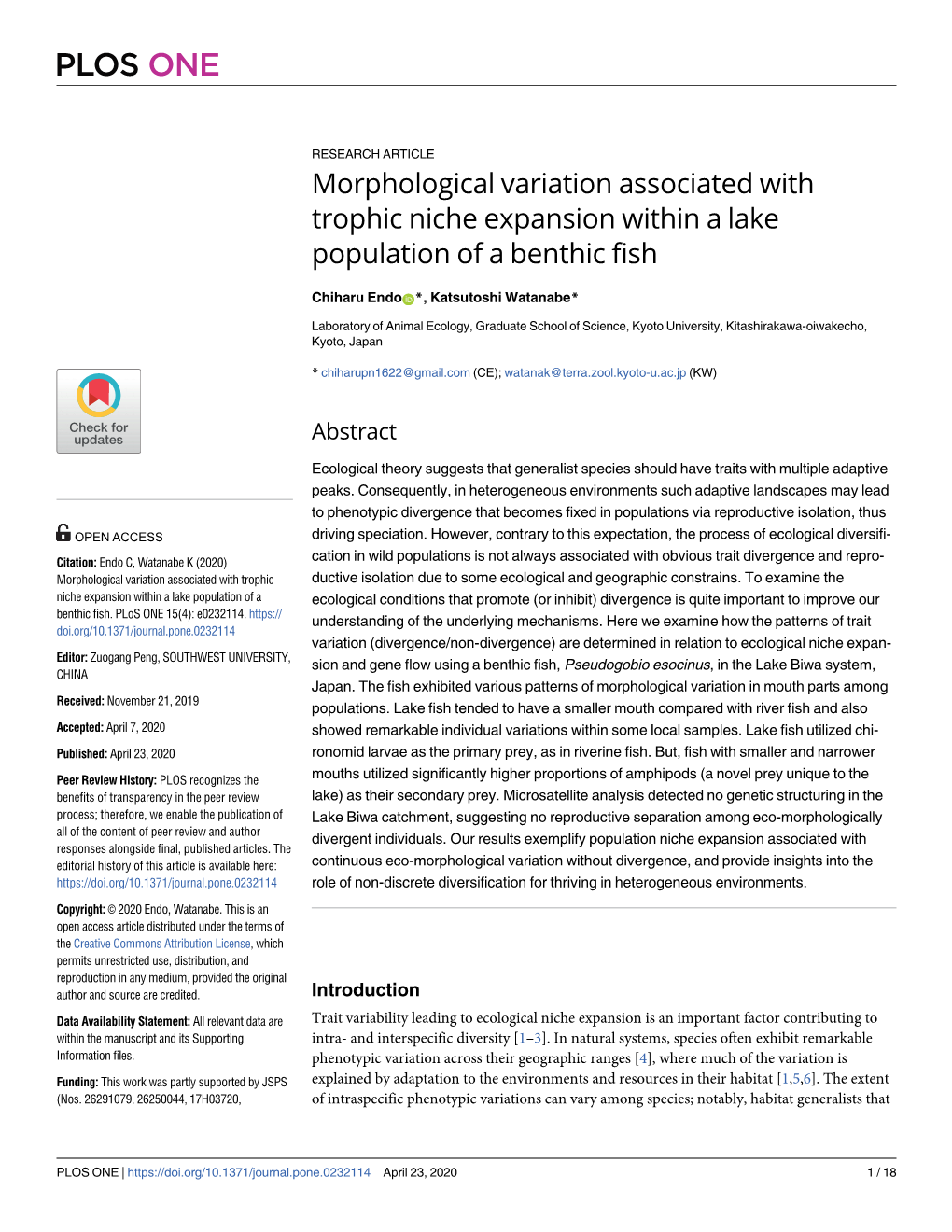 Morphological Variation Associated with Trophic Niche Expansion Within a Lake Population of a Benthic Fish