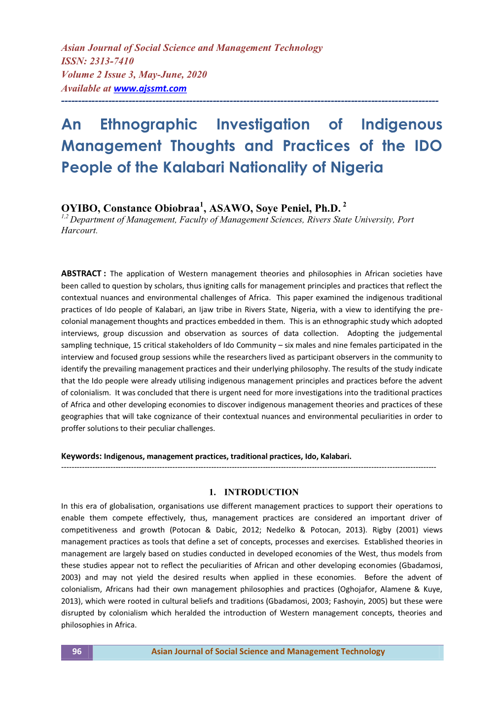 An Ethnographic Investigation of Indigenous Management Thoughts and Practices of the IDO People of the Kalabari Nationality of Nigeria