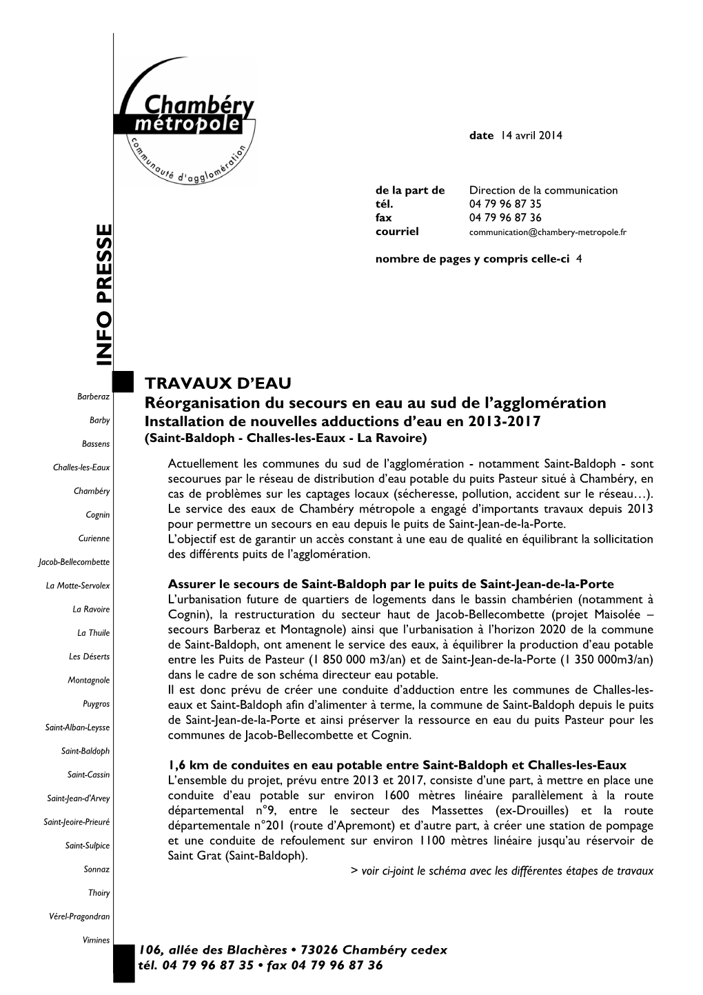 INFO PRESSE TRAVAUX D’EAU Barberaz Réorganisation Du Secours En Eau Au Sud De L’Agglomération Barby Installation De Nouvelles Adductions D’Eau En 2013-2017