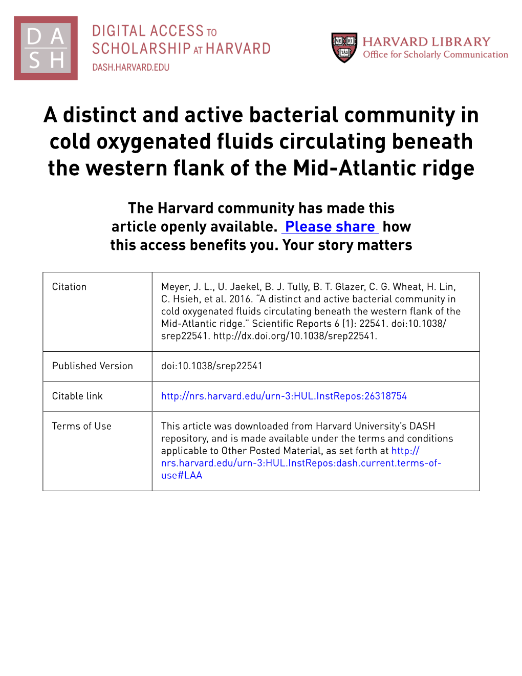 A Distinct and Active Bacterial Community in Cold Oxygenated Fluids Circulating Beneath the Western Flank of the Mid-Atlantic Ridge
