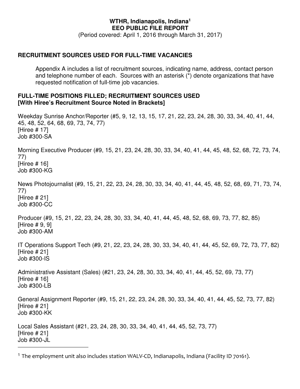 WTHR, Indianapolis, Indiana1 EEO PUBLIC FILE