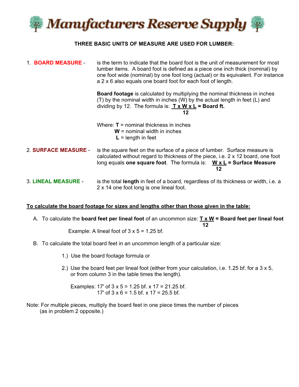 1. BOARD MEASURE - Is the Term to Indicate That the Board Foot Is the Unit of Measurement for Most Lumber Items