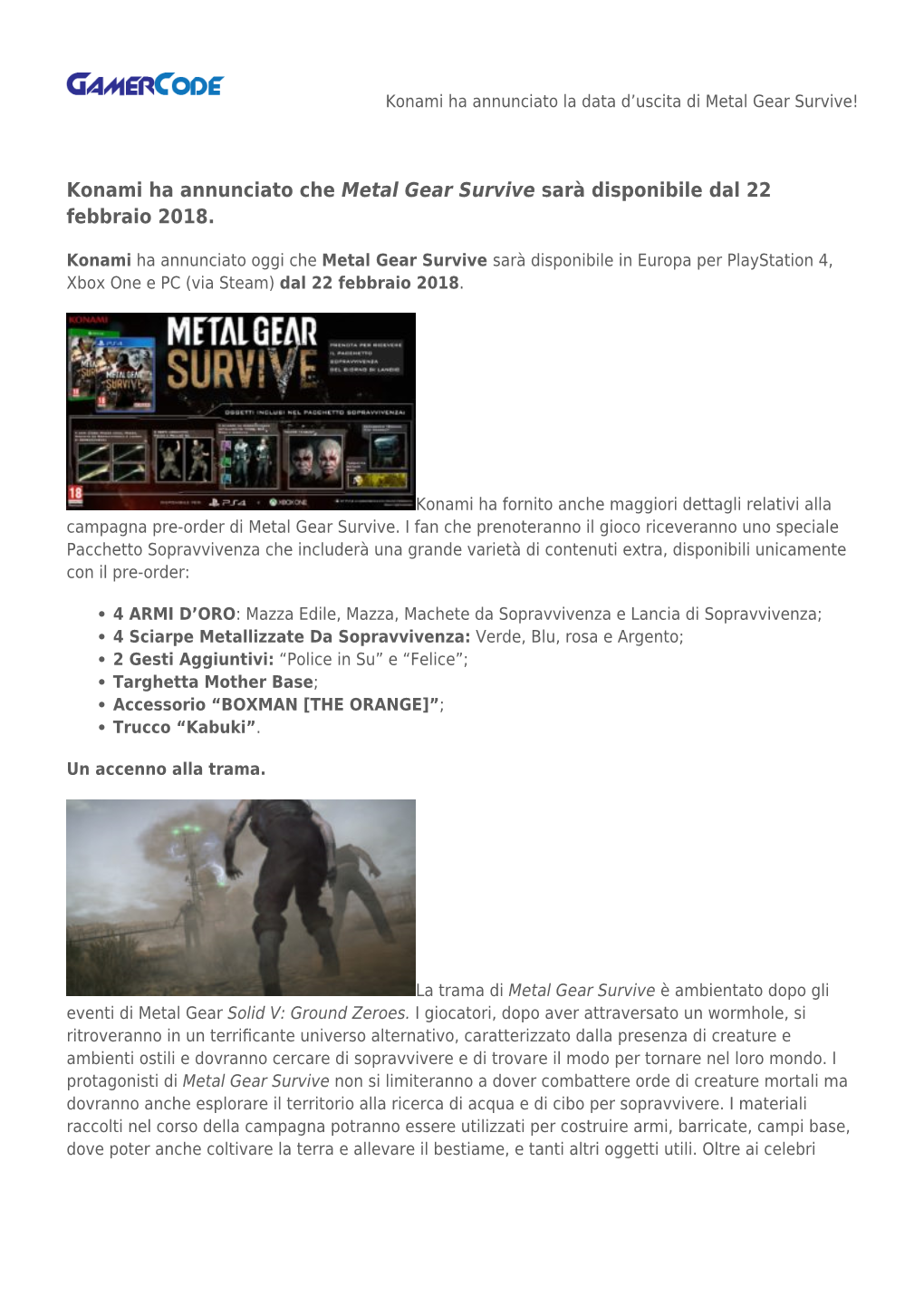 Konami Ha Annunciato La Data D’Uscita Di Metal Gear Survive!