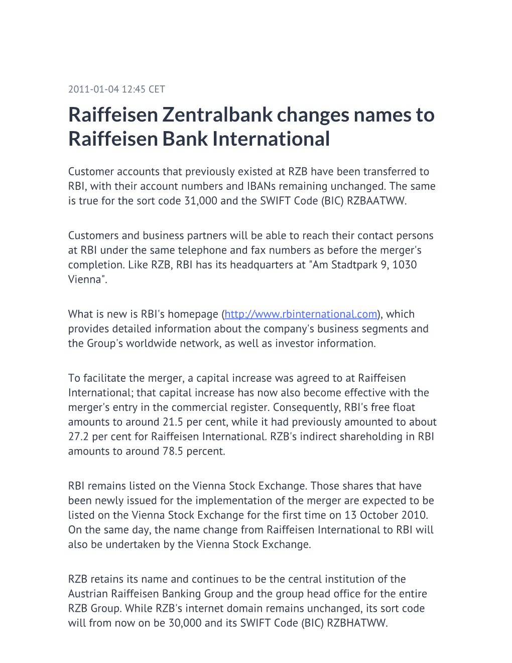 Raiffeisen Zentralbank Changes Names to Raiffeisen Bank International