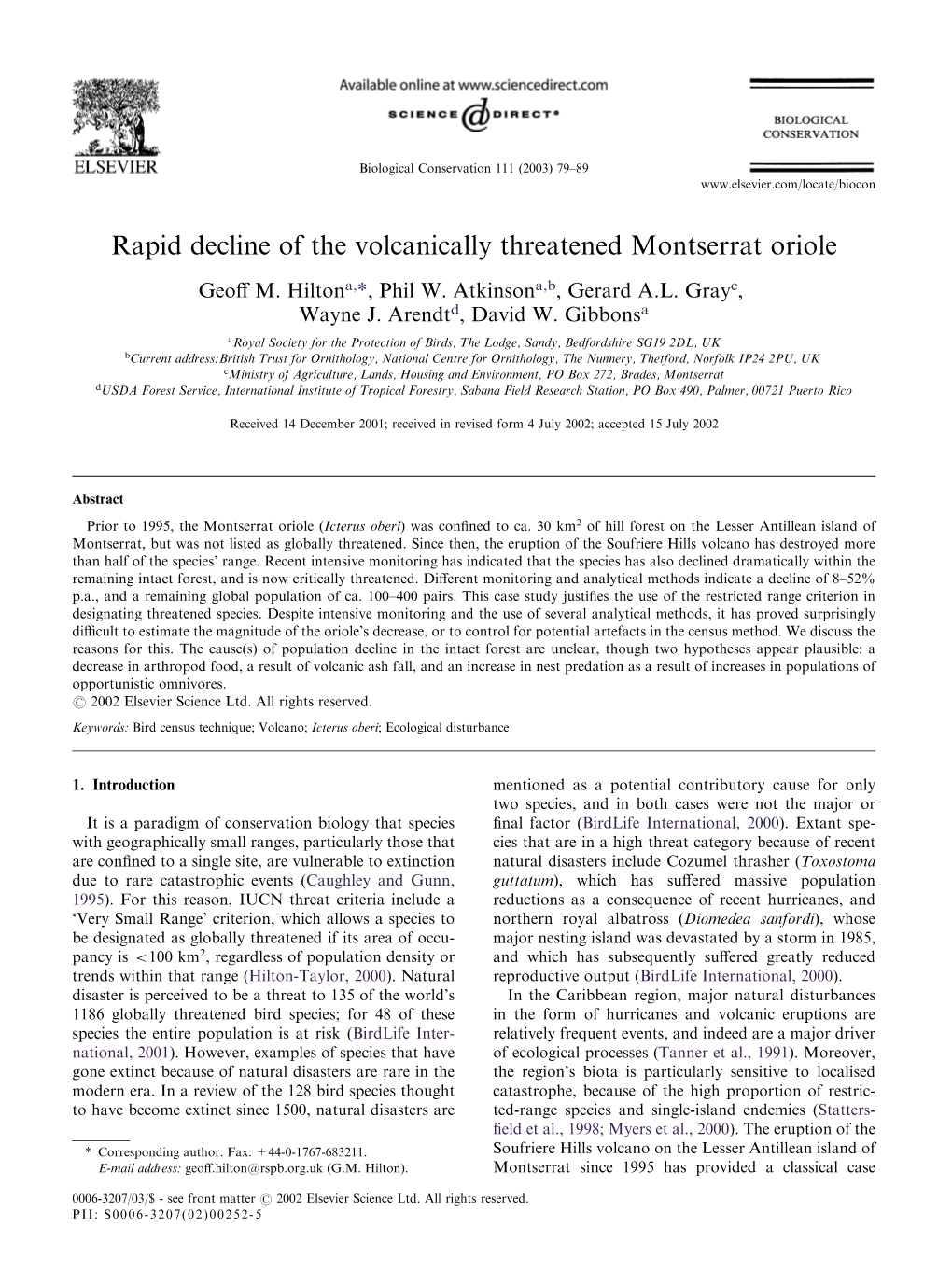 Rapid Decline of the Volcanically Threatened Montserrat Oriole