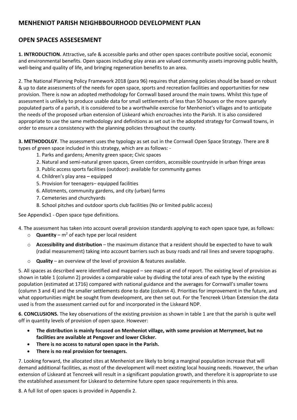 Menheniot Parish Neighbbourhood Development Plan Open Spaces