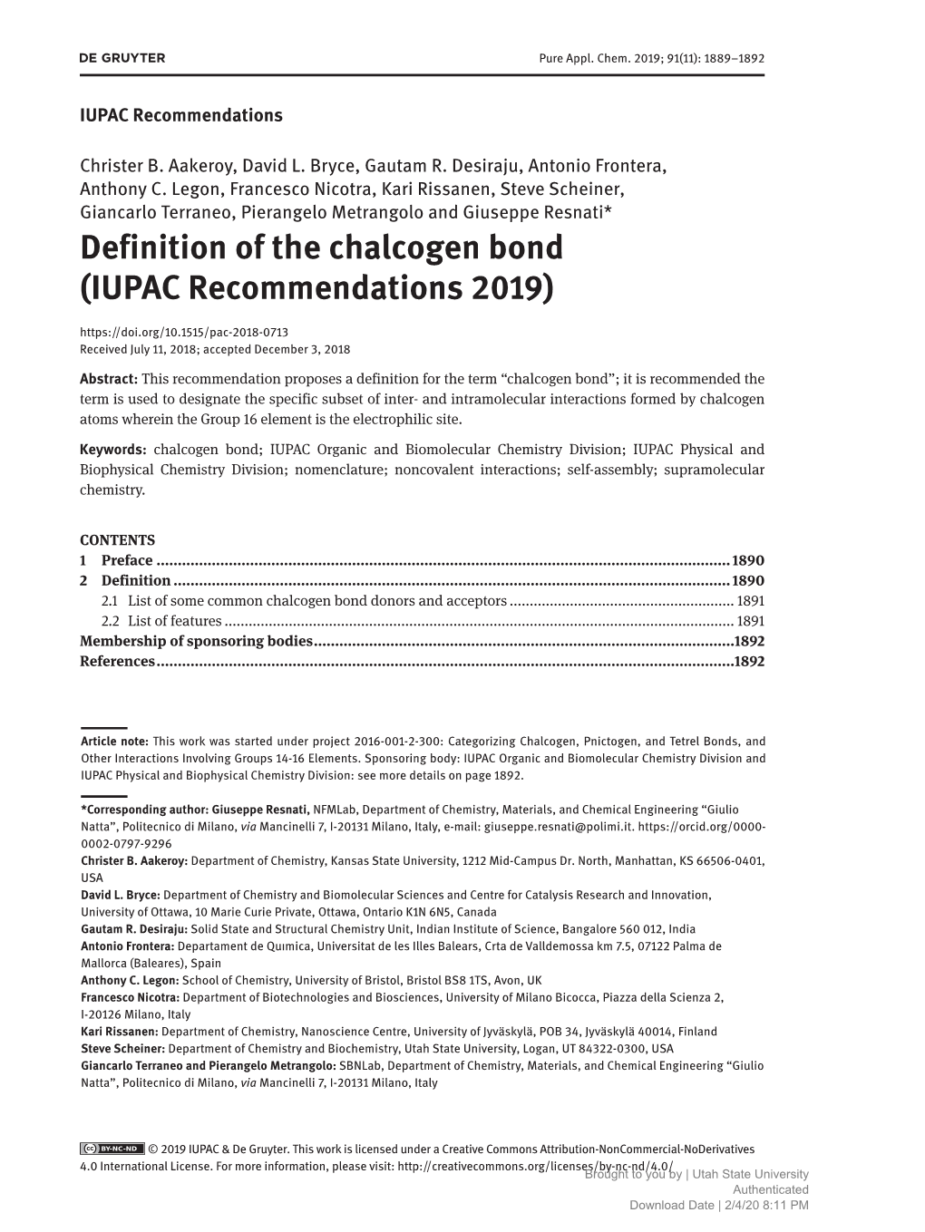 Definition of the Chalcogen Bond (IUPAC Recommendations 2019) Received July 11, 2018; Accepted December 3, 2018