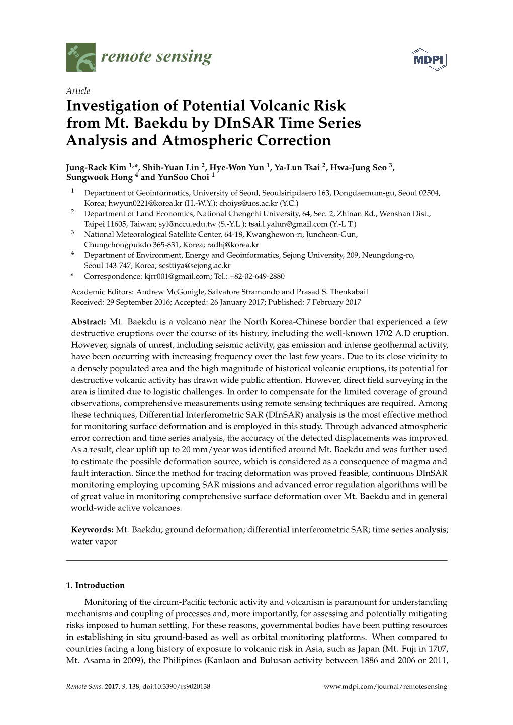 Investigation of Potential Volcanic Risk from Mt. Baekdu by Dinsar Time Series Analysis and Atmospheric Correction